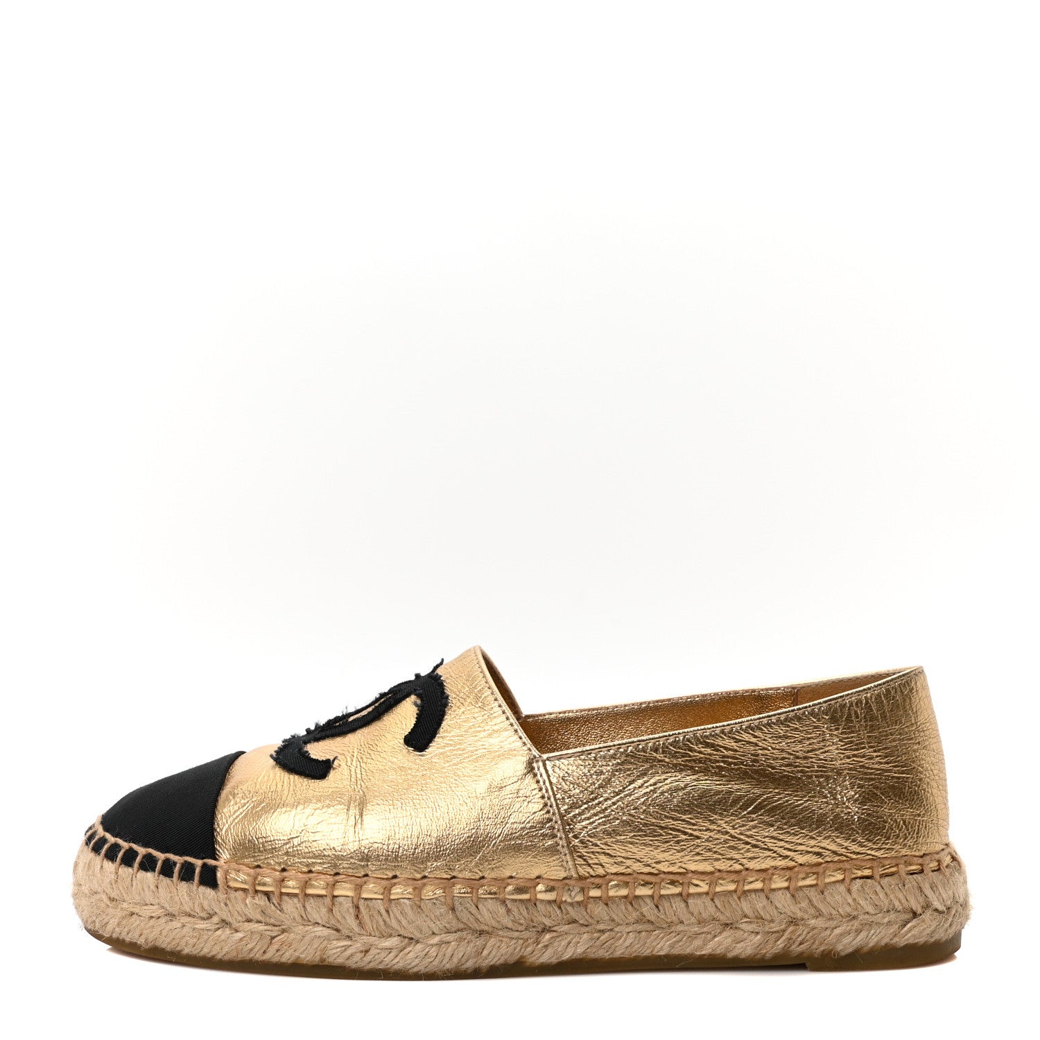 Chanel Laminated Lambskin Grosgrain CC Espadrilles 35 Gold Black 1 of 10