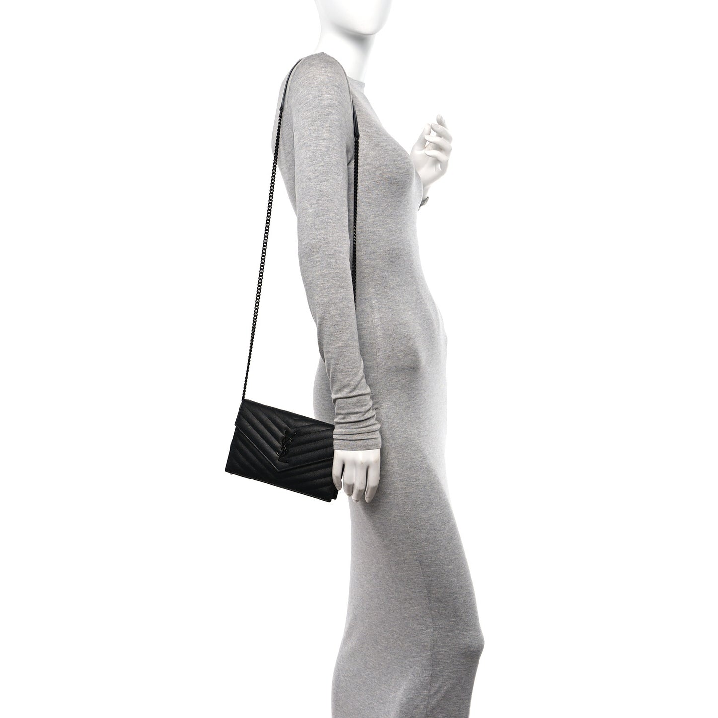 Grain De Poudre Matelasse Chevron Monogram Monochrome Envelope Chain Wallet Black