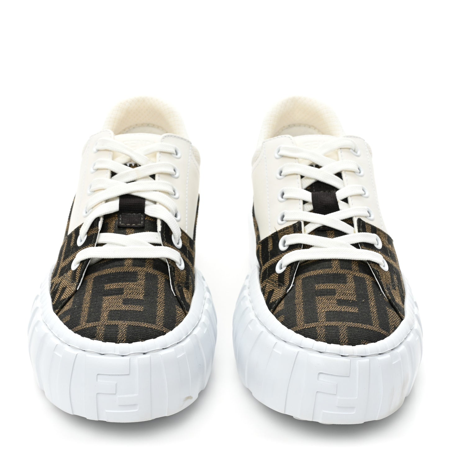 Fabric Jacquard Vitello Technical Fabric FF Womens Fendi Force Low Top Sneakers 38 Tobacco Black Ultrawhite White