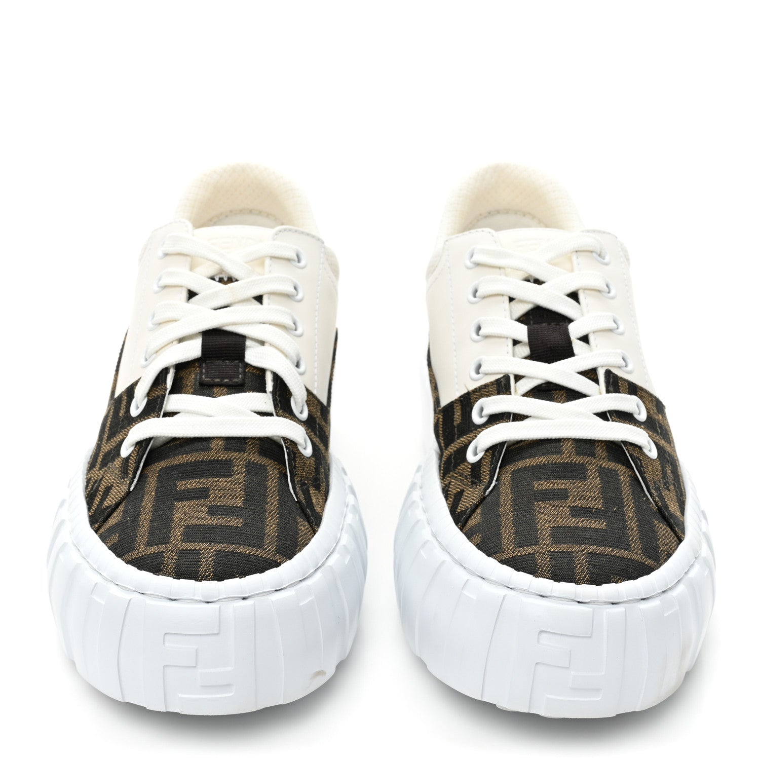 Fendi Fabric Jacquard Vitello Technical Fabric FF Womens Fendi Force Low Top Sneakers 38 Tobacco Black Ultrawhite White 2 of 11