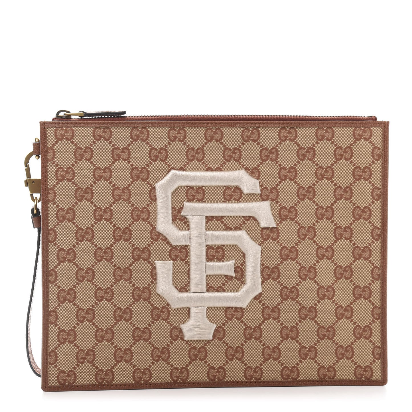 X MLB GG Monogram SF Giants Zip Wristlet Pouch Beige Ruggine Ivory