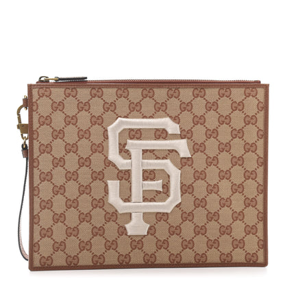Gucci X MLB GG Monogram SF Giants Zip Wristlet Pouch Beige Ruggine Ivory 1 of 11
