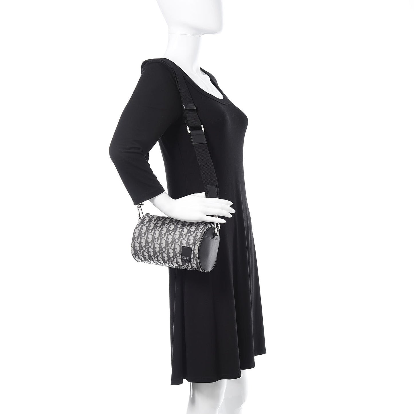 Technical Fabric Calfskin Oblique Roller Shoulder Bag Black