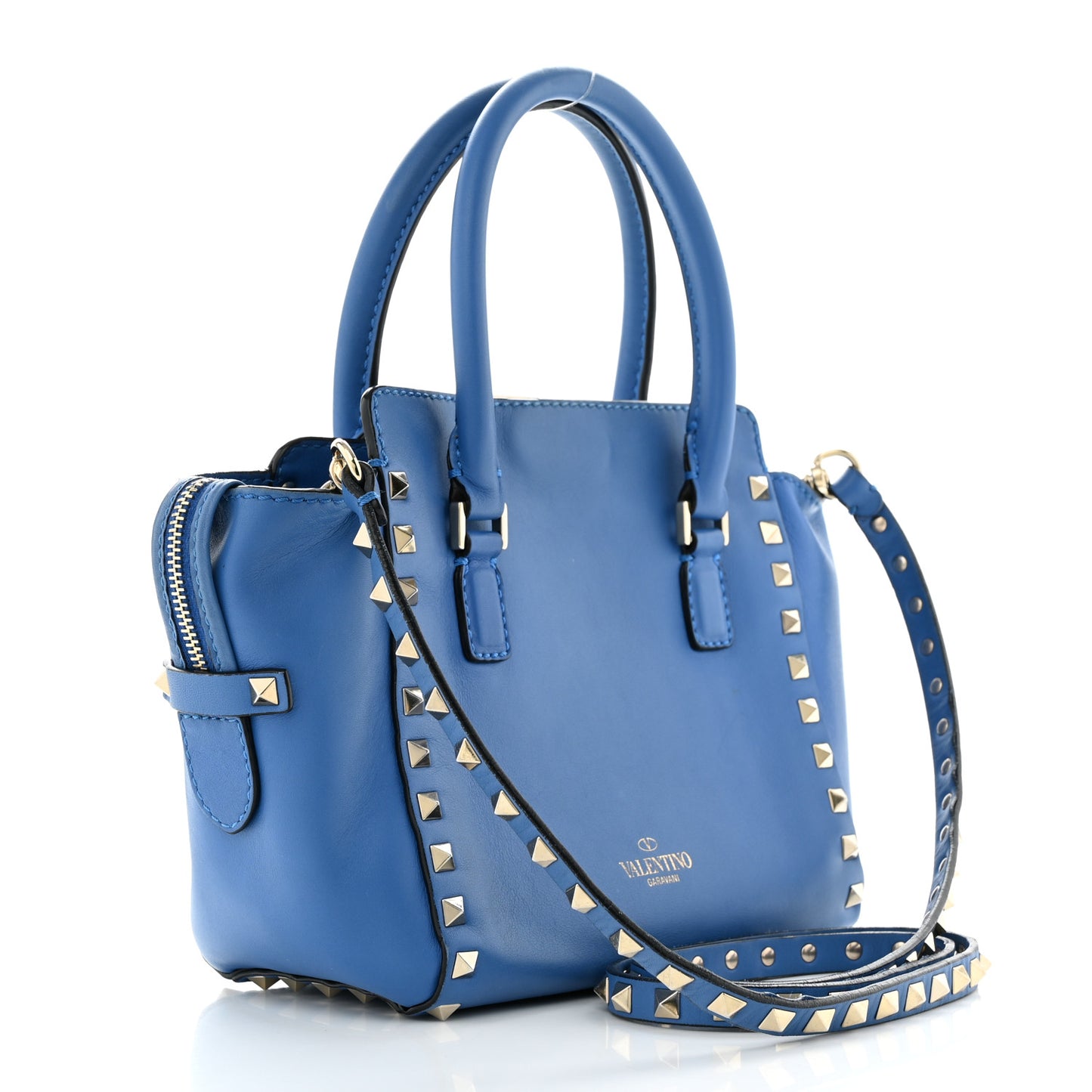 Vitello Mini Rockstud Double Handle Tote Light Sapphire