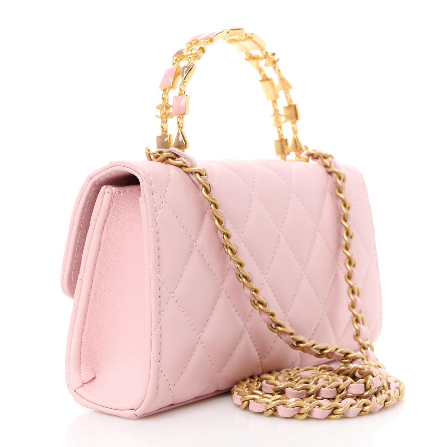 Lambskin Enamel Quilted Top Handle Flap Phone Holder With Chain Pink