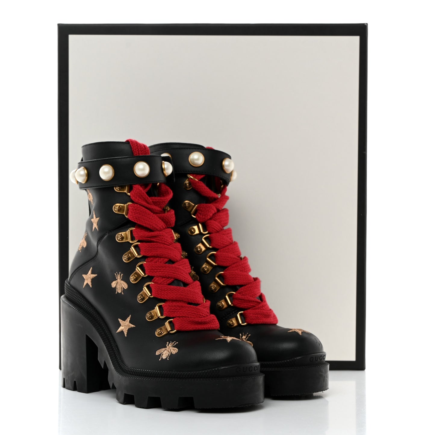 Calfskin Embroidered Lace Up Combat Ankle Boots 35 Black