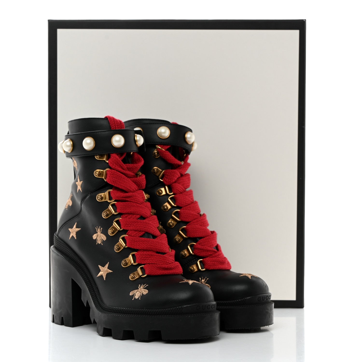 Gucci Calfskin Embroidered Lace Up Combat Ankle Boots 35 Black 9 of 9