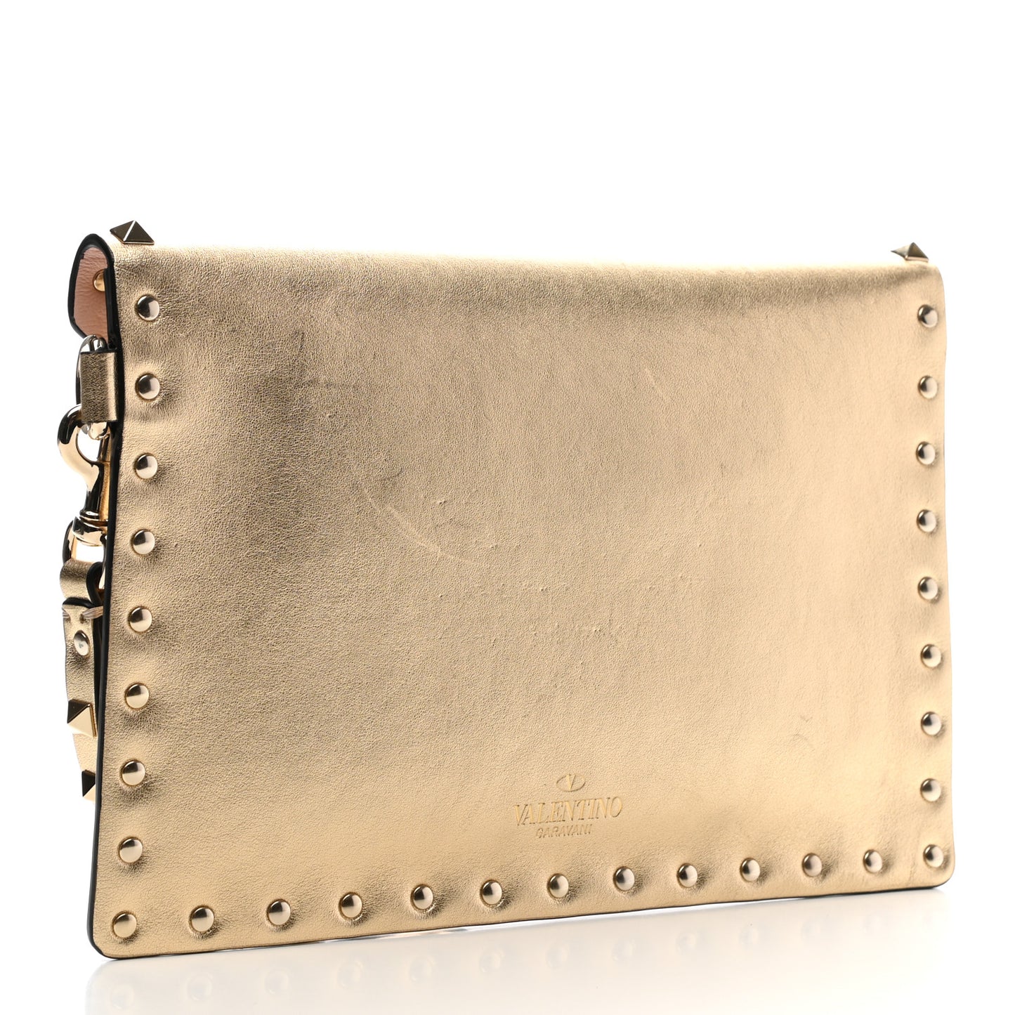 Metallic Calfskin Medium Rockstud Envelope Flat Wristlet Pouch Gold