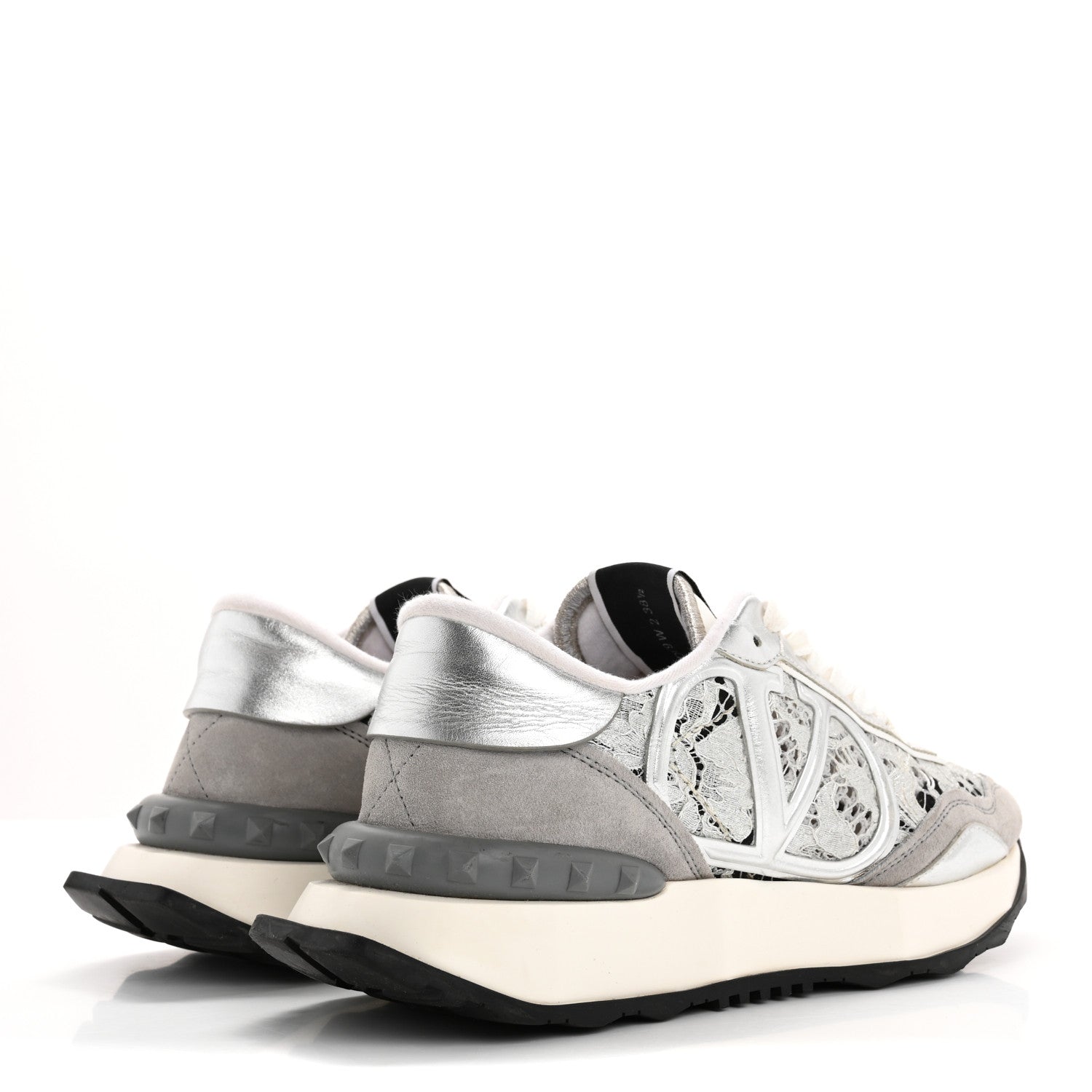 Valentino Garavani Metallic Calfskin Lace Mesh Lacerunner Sneaker 38.5 Silver Pastel Gray 4 of 15