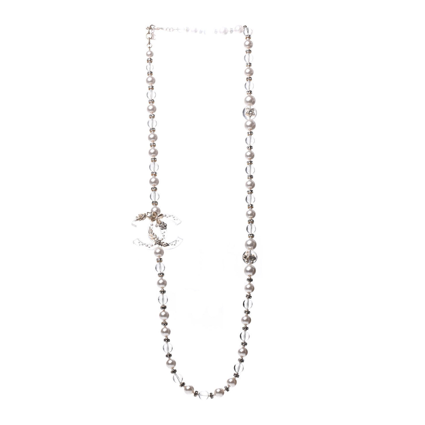 Resin Pearl Crystal CC Long Necklace Transparent Gold