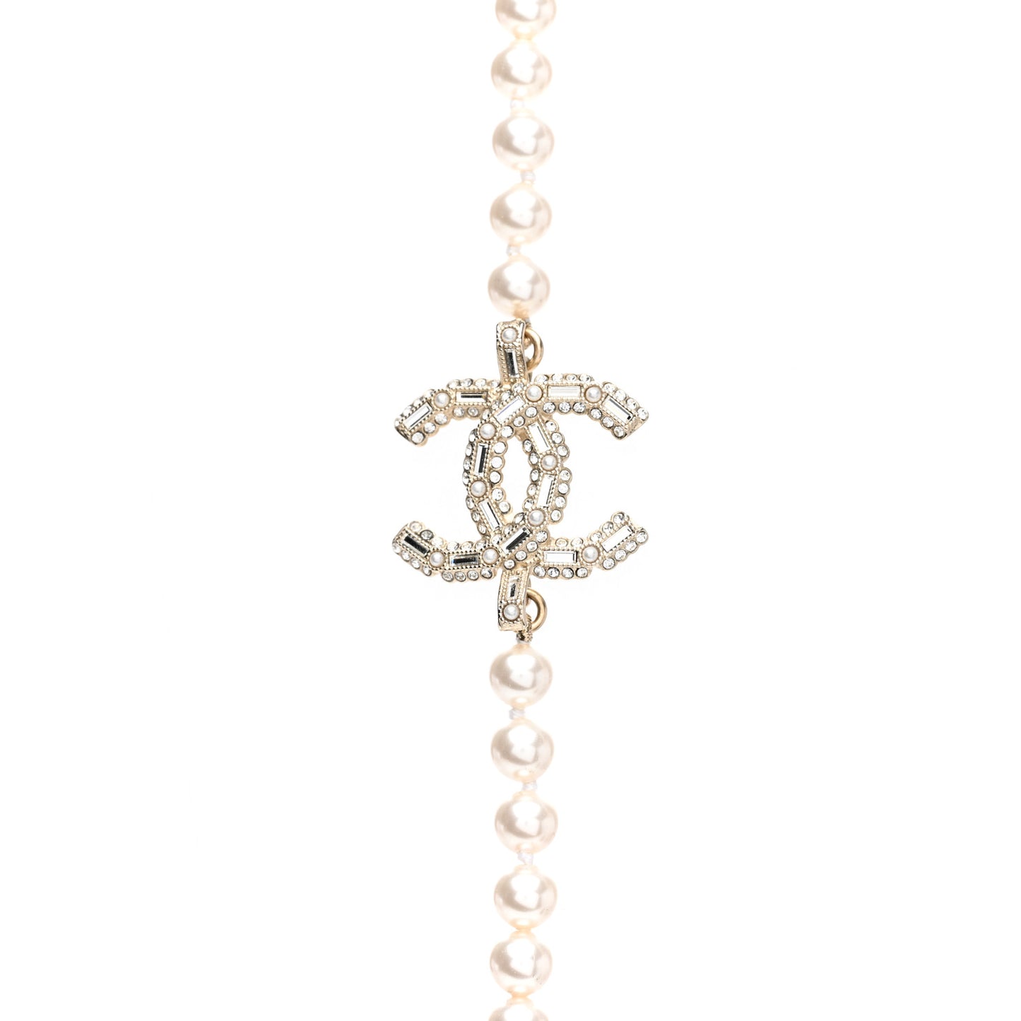 Pearl Baguette Crystal CC Long Necklace Gold