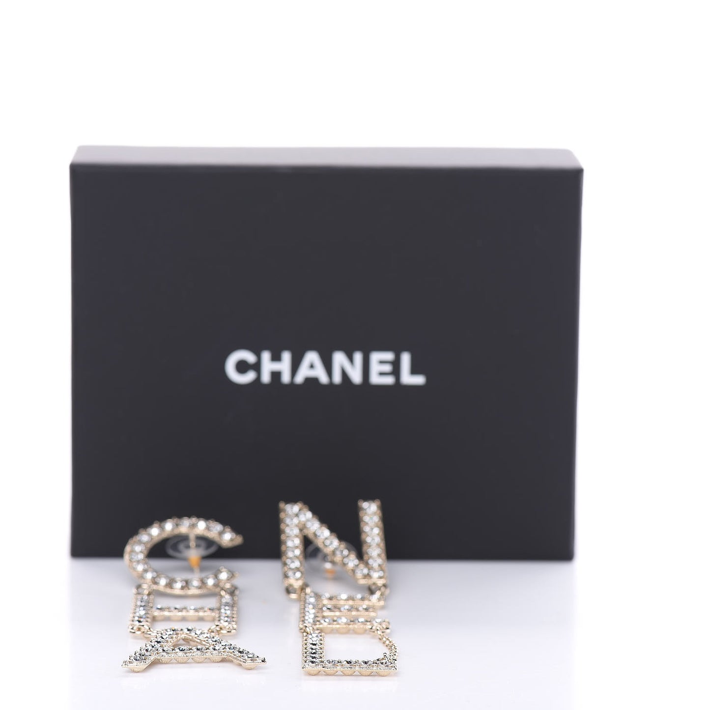 Crystal Cha-Nel Logo Drop Earrings Gold