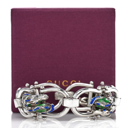Gucci Sterling Silver Enamel Horse Head Link Chain Bracelet Blue Green 4 of 4