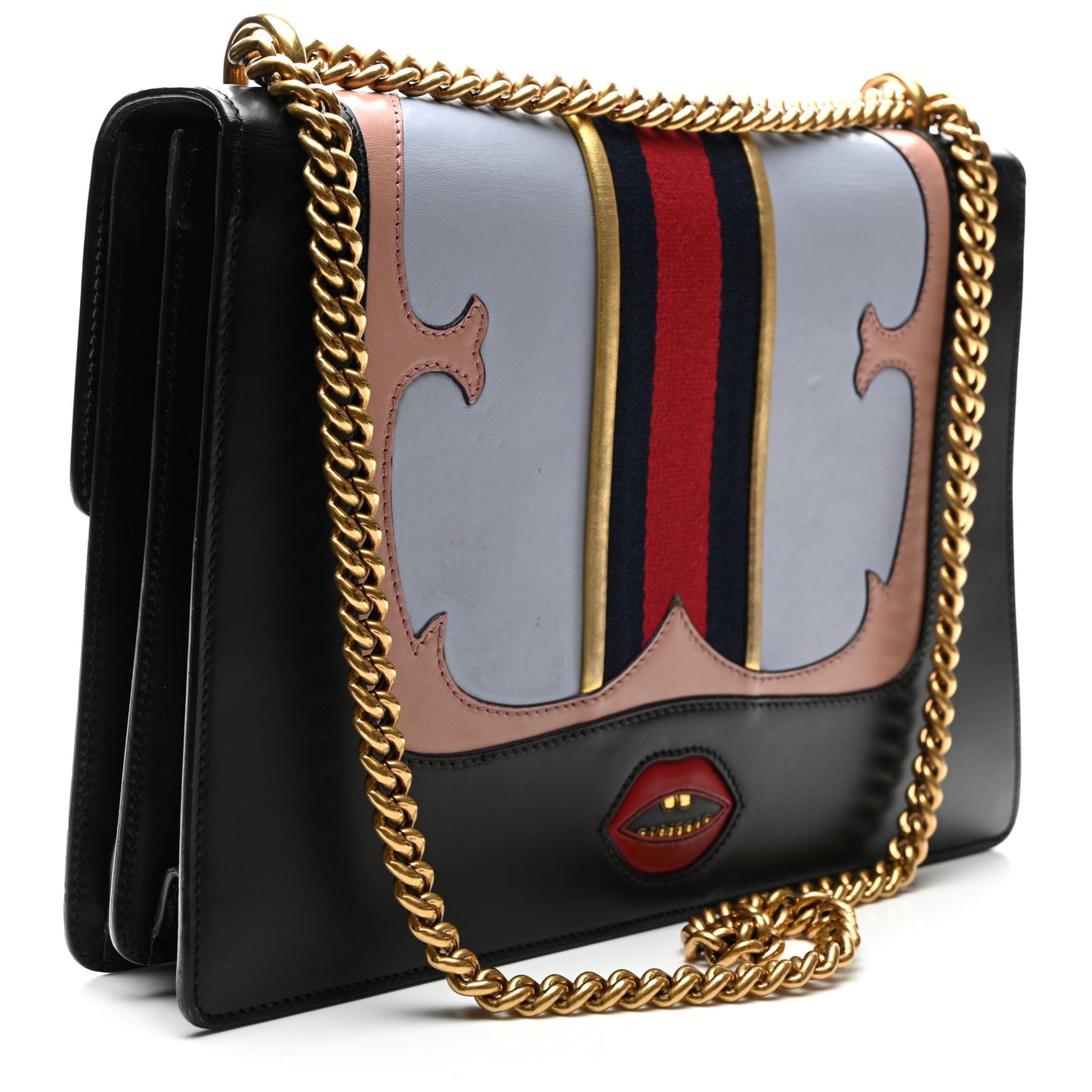 Calfskin Web Heart Medium GG Marmont Chain Handle Bag Black
