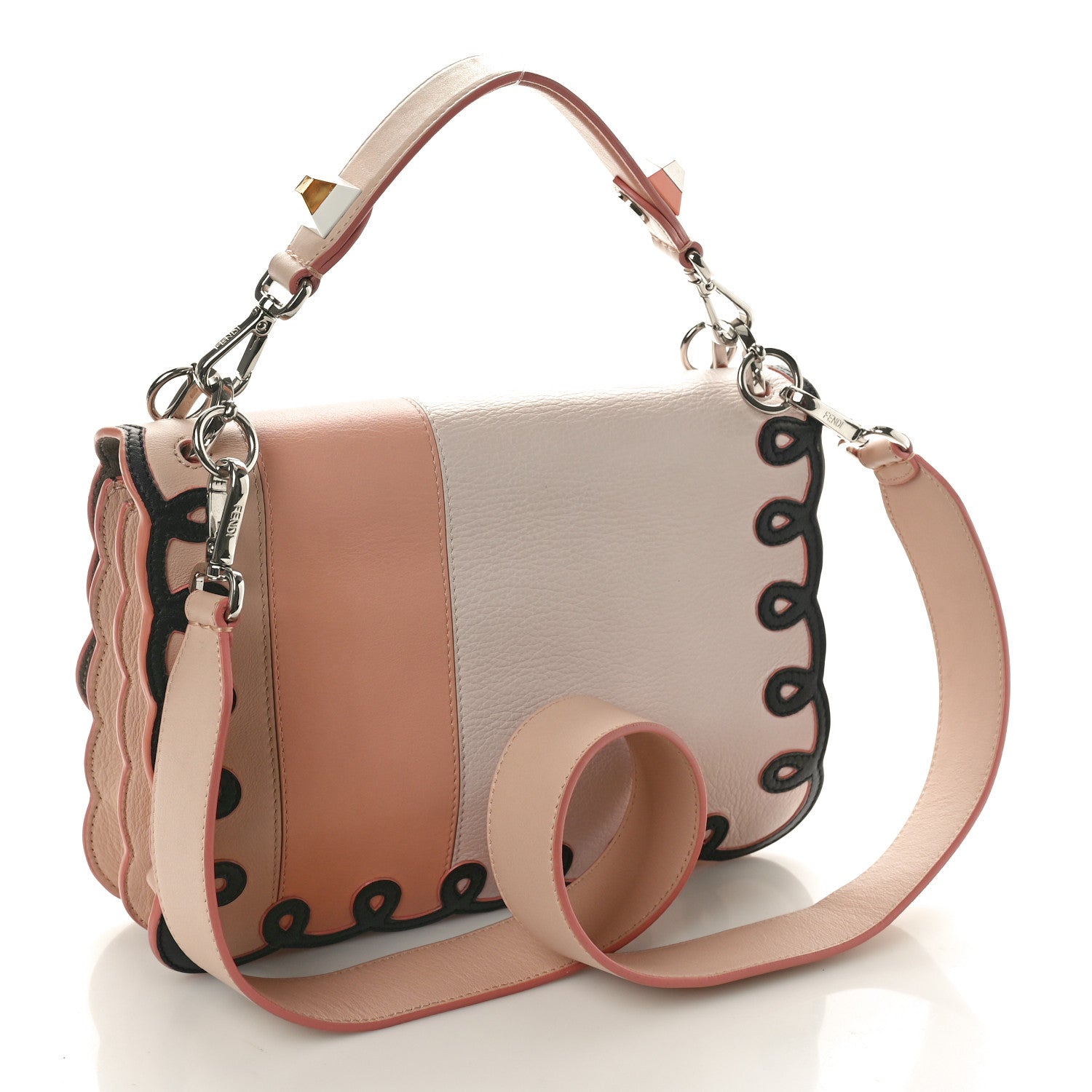 Fendi Vitello Dolce Scalloped Studded Scrollwork Kan I Shoulder Bag Plaster Black 3 of 10
