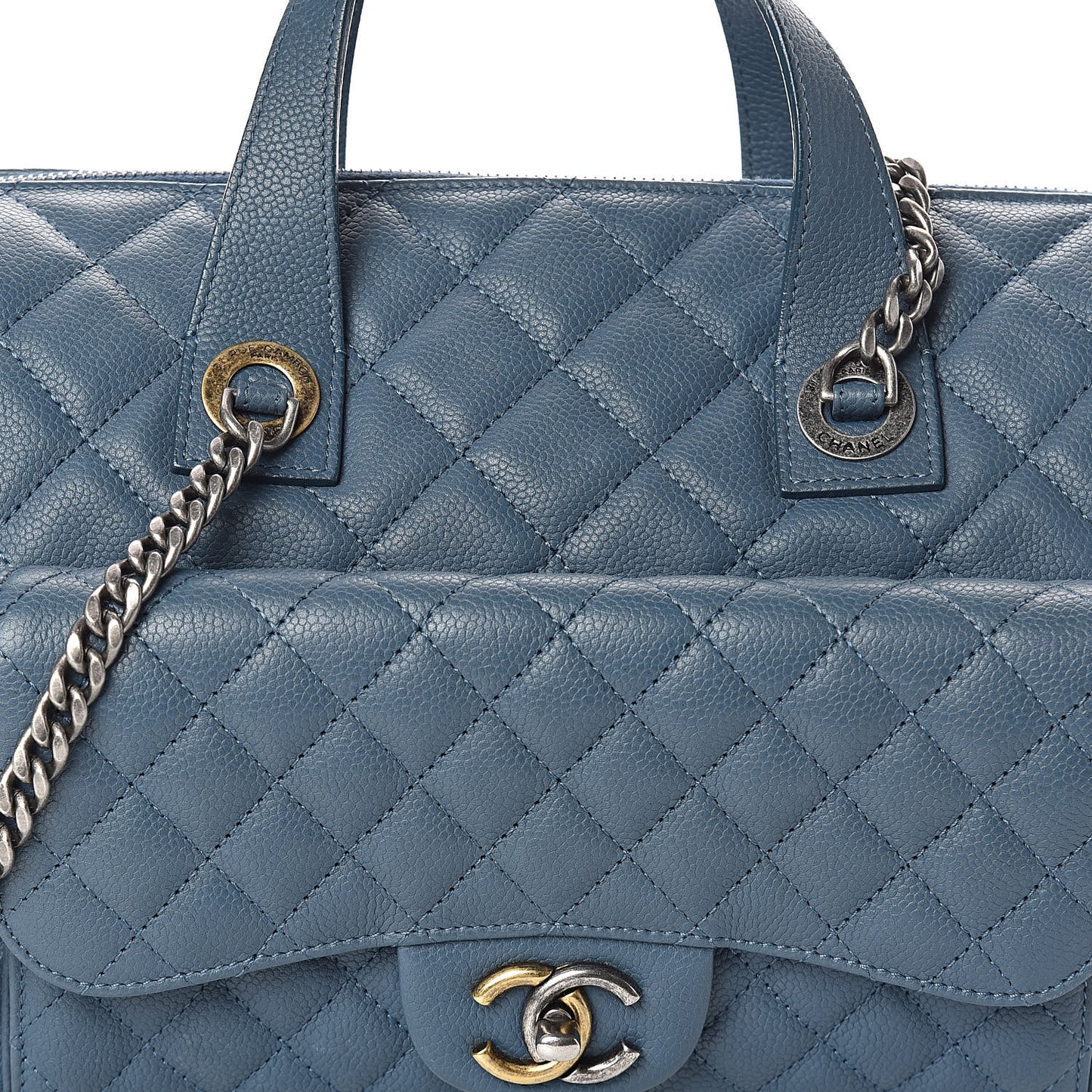 Grained Calfskin Quilted Large Casual Pocket Bowling Bag Blue