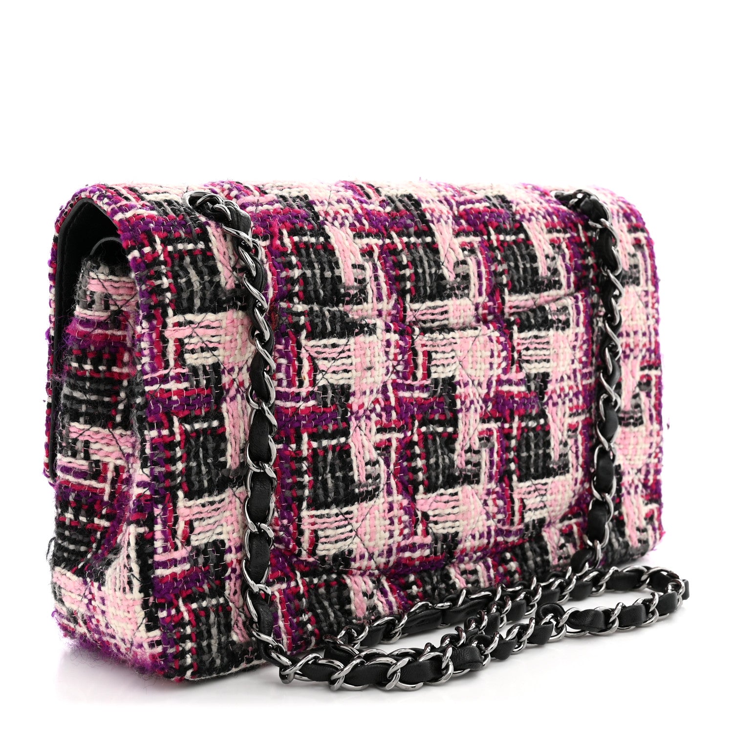 Chanel Tweed Quilted Medium Double Flap Pink Black 3 of 12