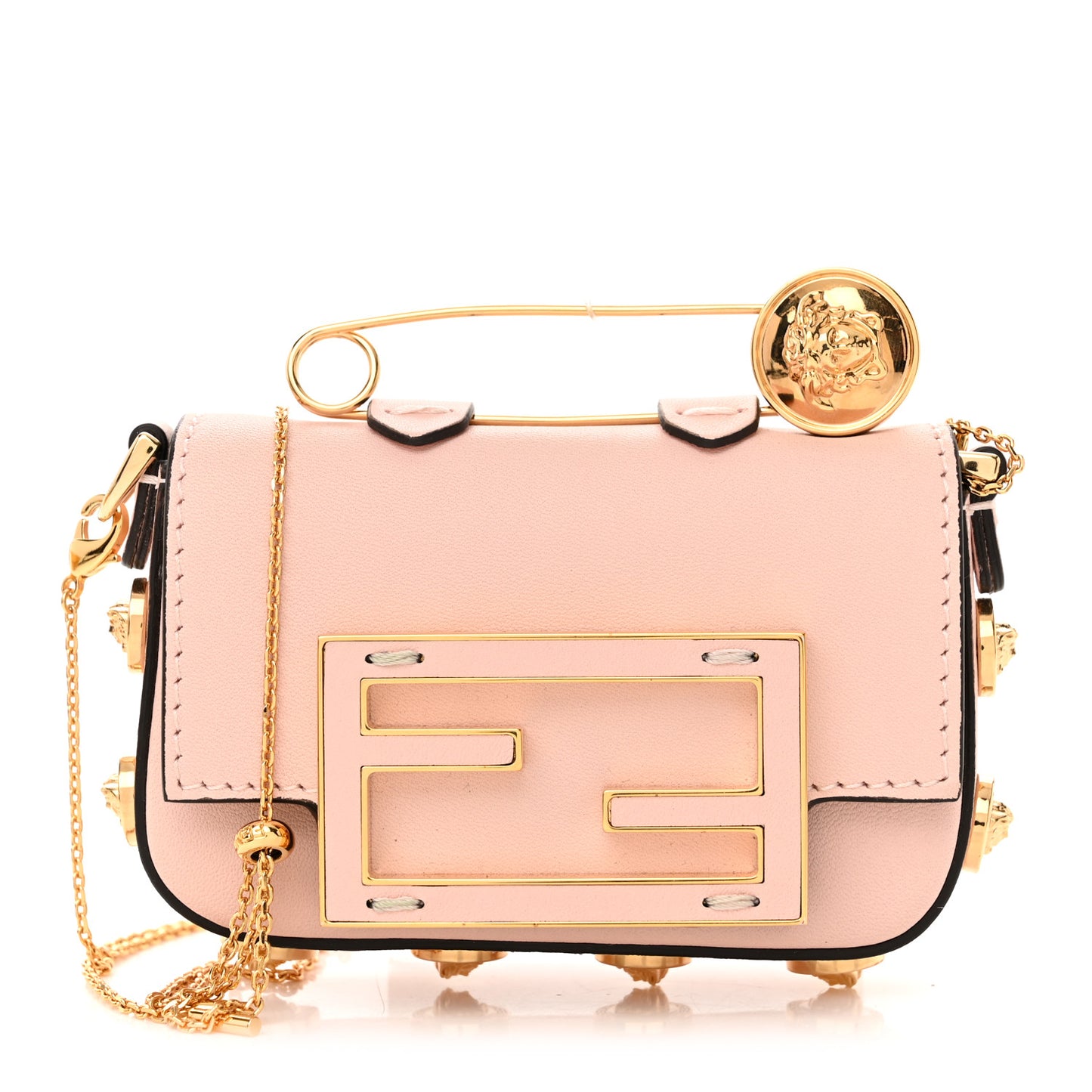 X VERSACE Vitello Seta Fendace Studded Nano Brooch Baguette Rosa Confetto