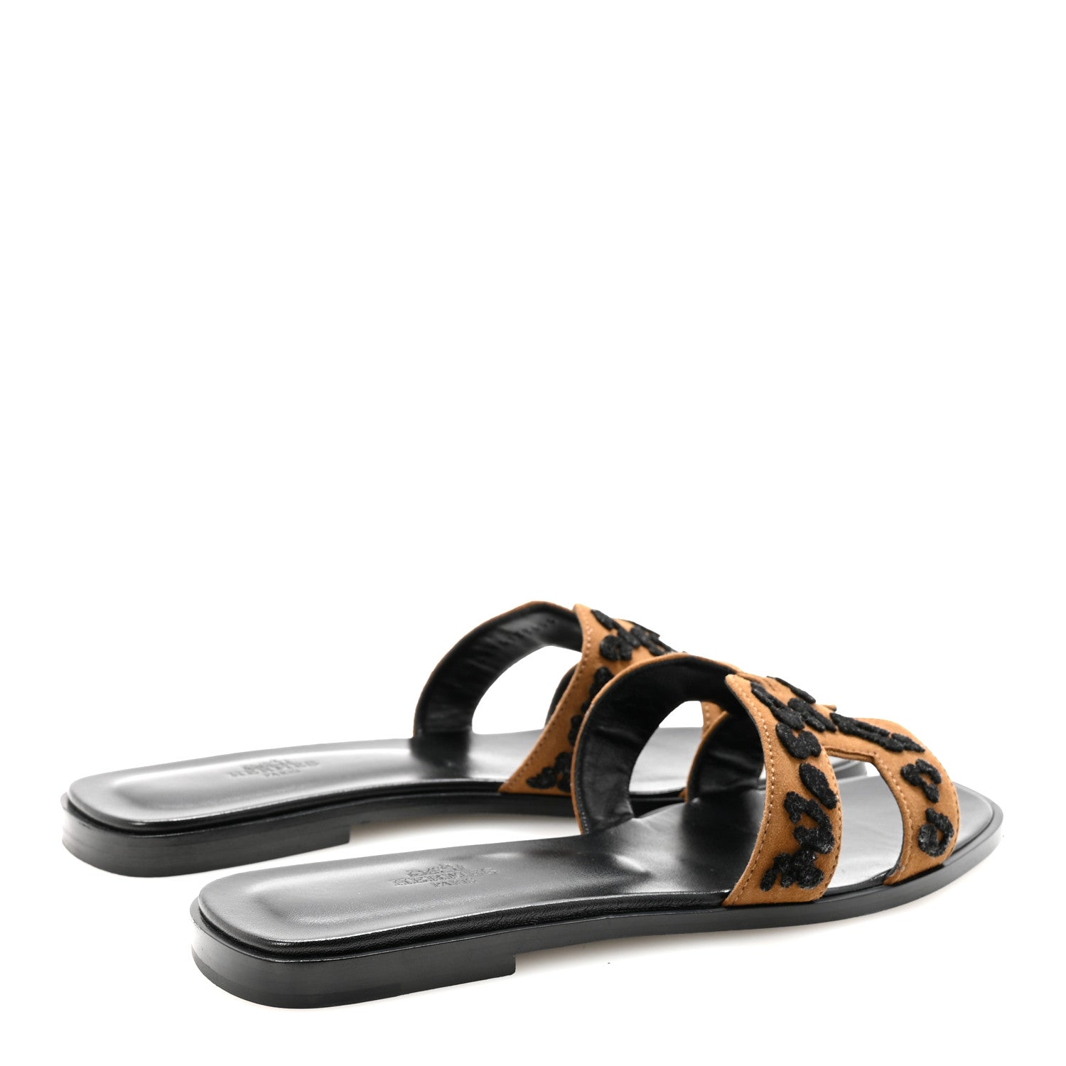 Hermes Suede Goatskin Tufted Leopard Womens Oran Sandals 40 Brun Fume Black 5 of 8