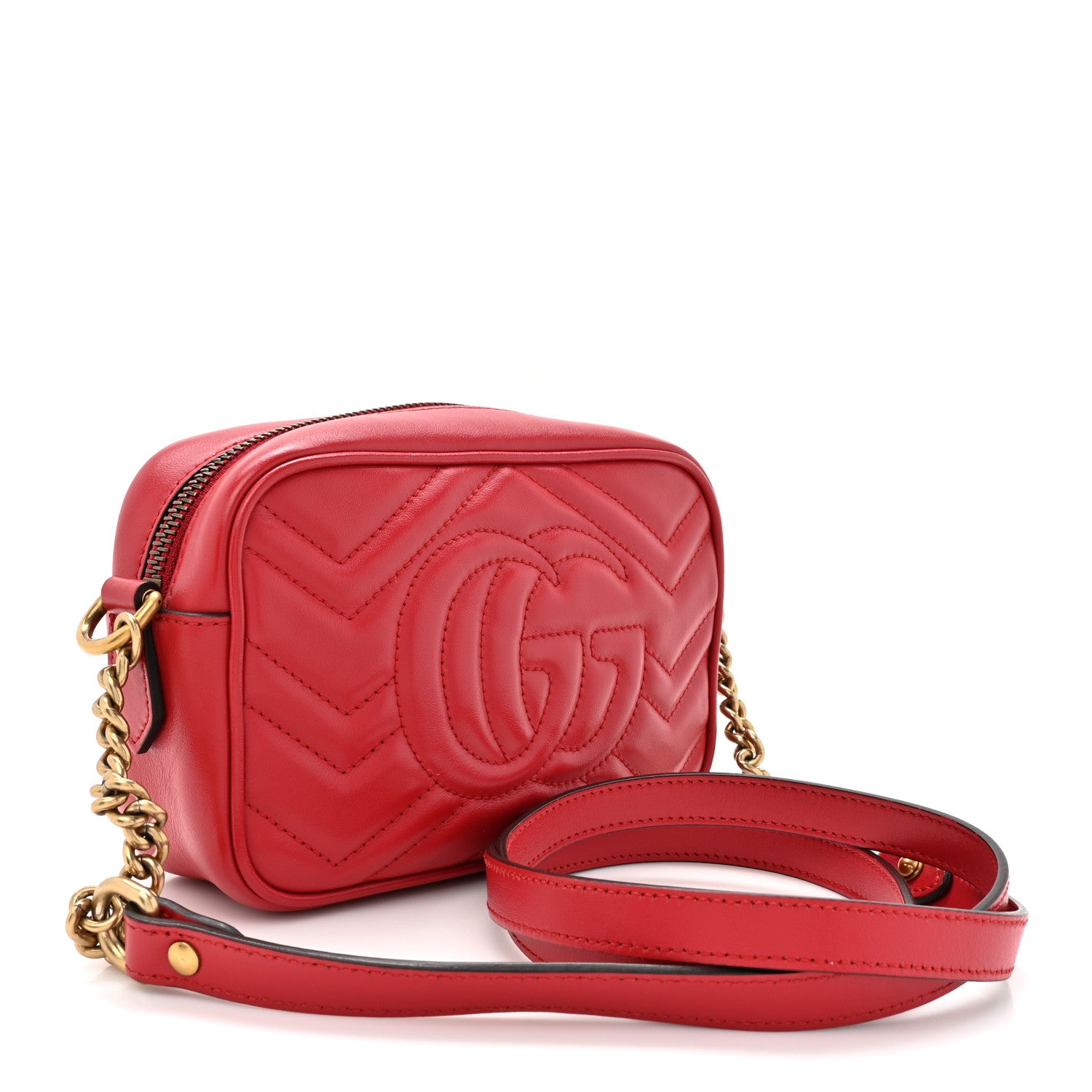 Gucci Calfskin Matelasse Mini GG Marmont Chain Shoulder Bag Hibiscus Red 3 of 11