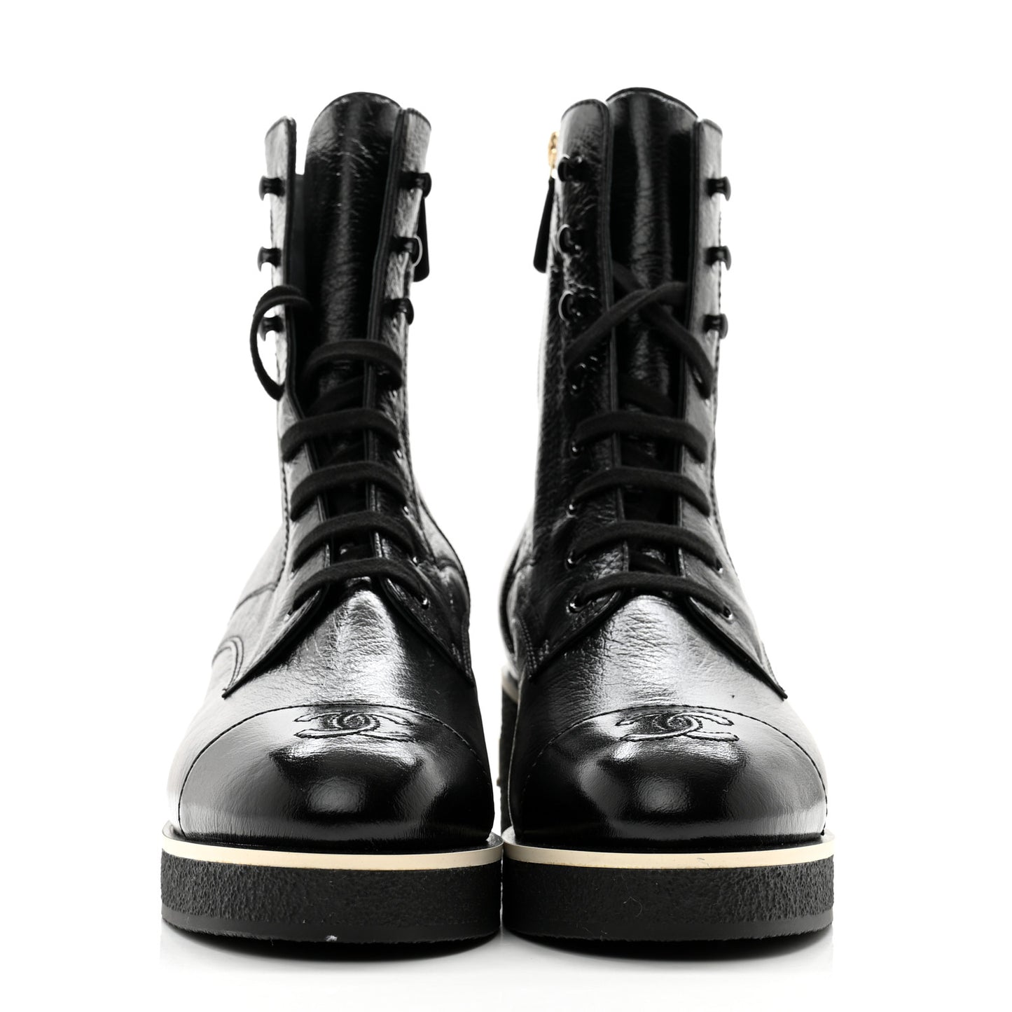 Shiny Crumpled Lambskin Lace Up Combat Boots 41 Black