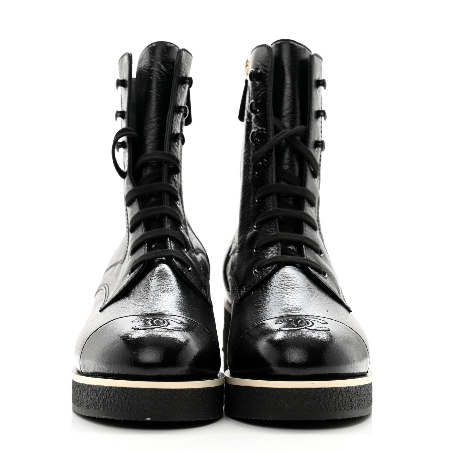 Chanel Shiny Crumpled Lambskin Lace Up Combat Boots 41 Black 2 of 11