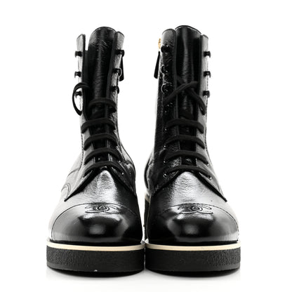 Chanel Shiny Crumpled Lambskin Lace Up Combat Boots 41 Black 2 of 11
