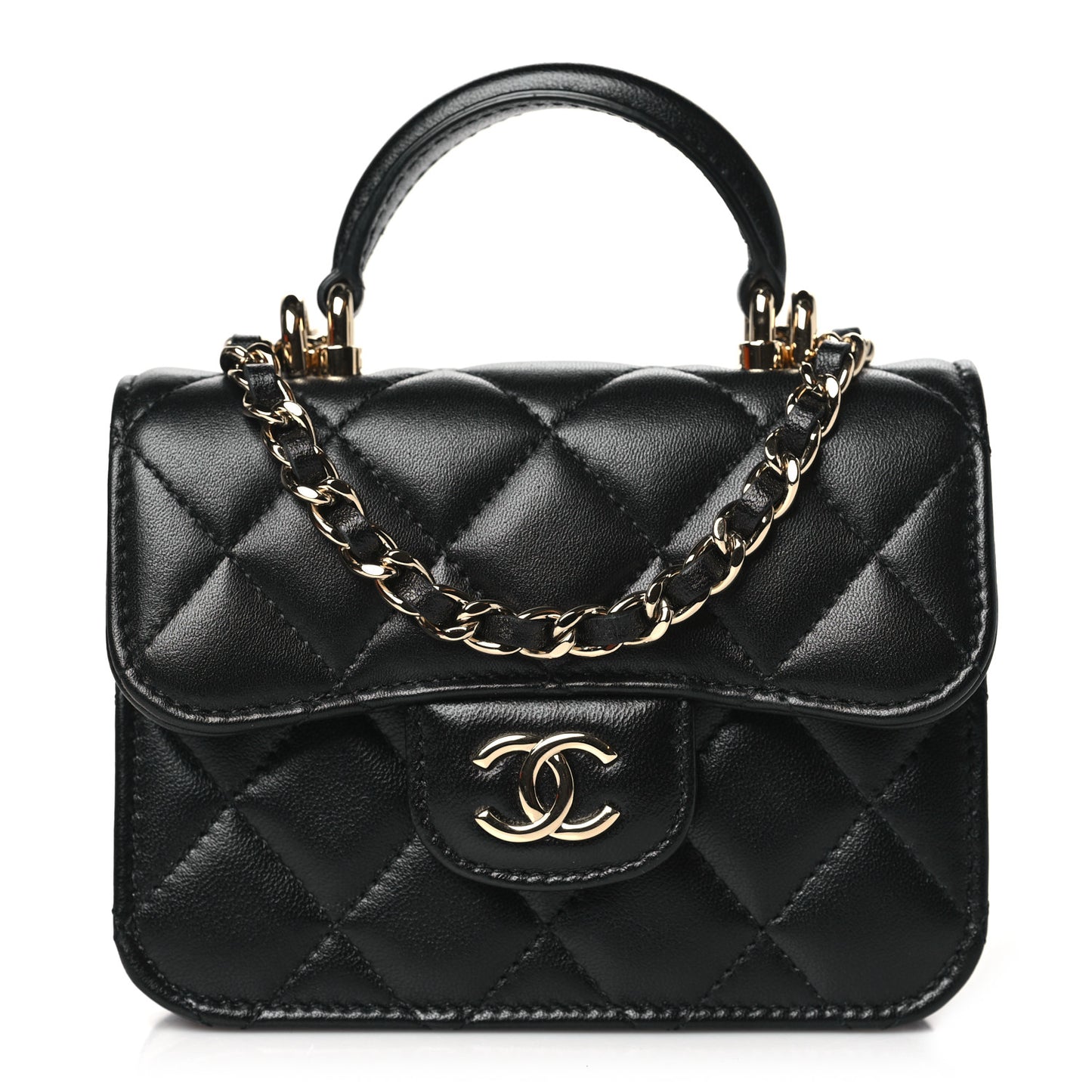 Lambskin Quilted Top Handle Flap Coin Purse With Chain Black