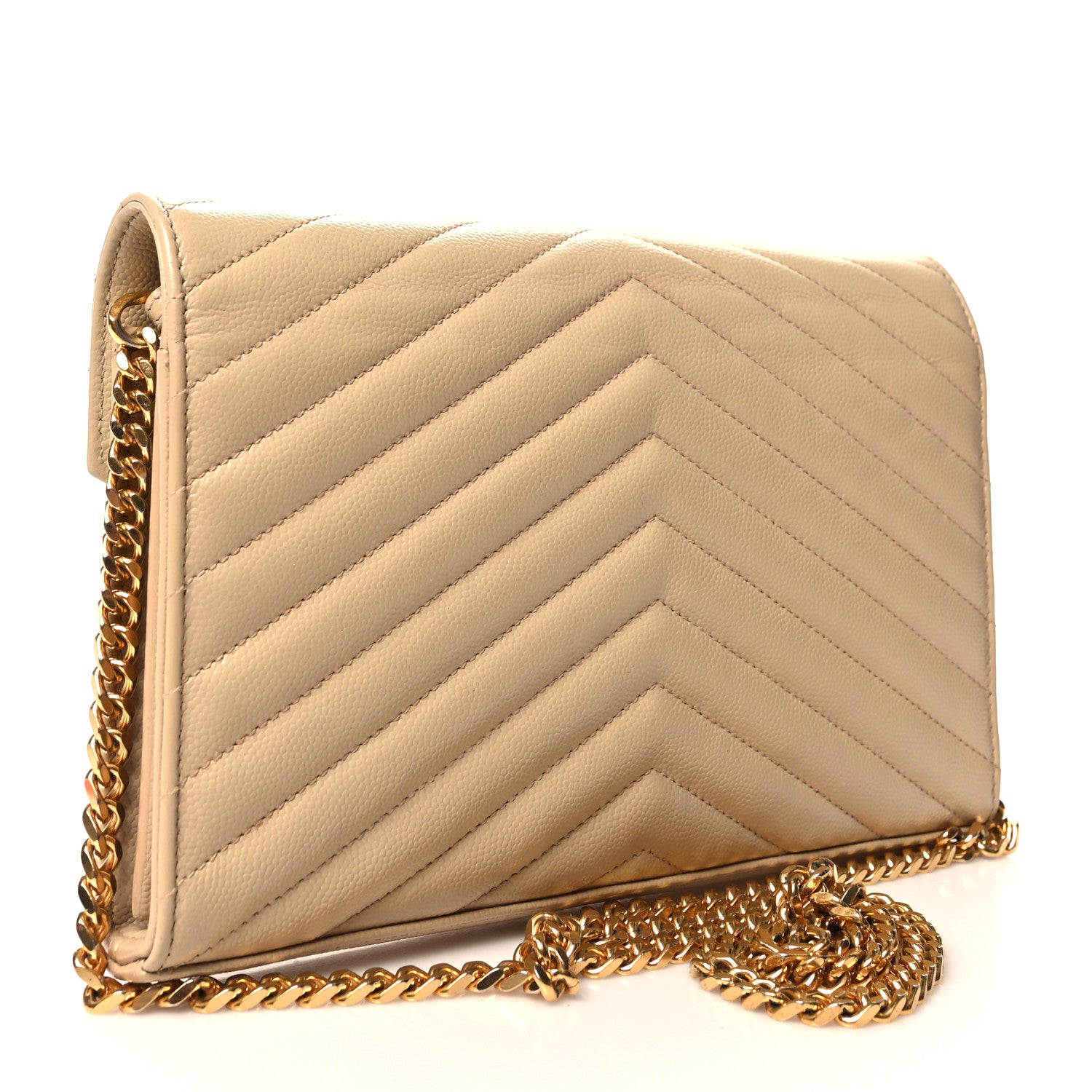Saint Laurent Grain De Poudre Matelasse Chevron Monogram Chain Wallet Dark Beige 3 of 15