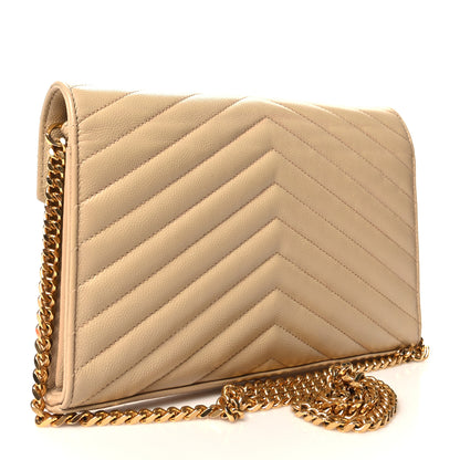 Saint Laurent Grain De Poudre Matelasse Chevron Monogram Chain Wallet Dark Beige 3 of 15