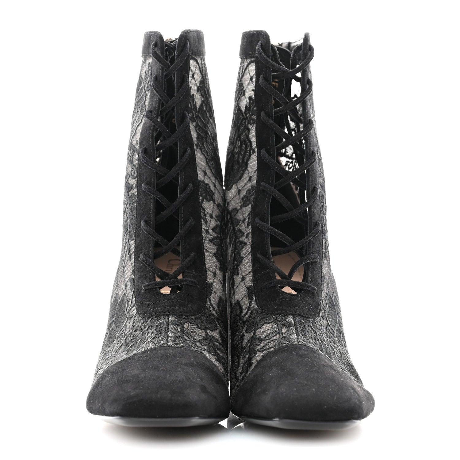 Christian Dior Suede Transparent Mesh Embroidered Roses Naughtily-D Heeled Lace Up Ankle Boots 36.5 Black 2 of 11