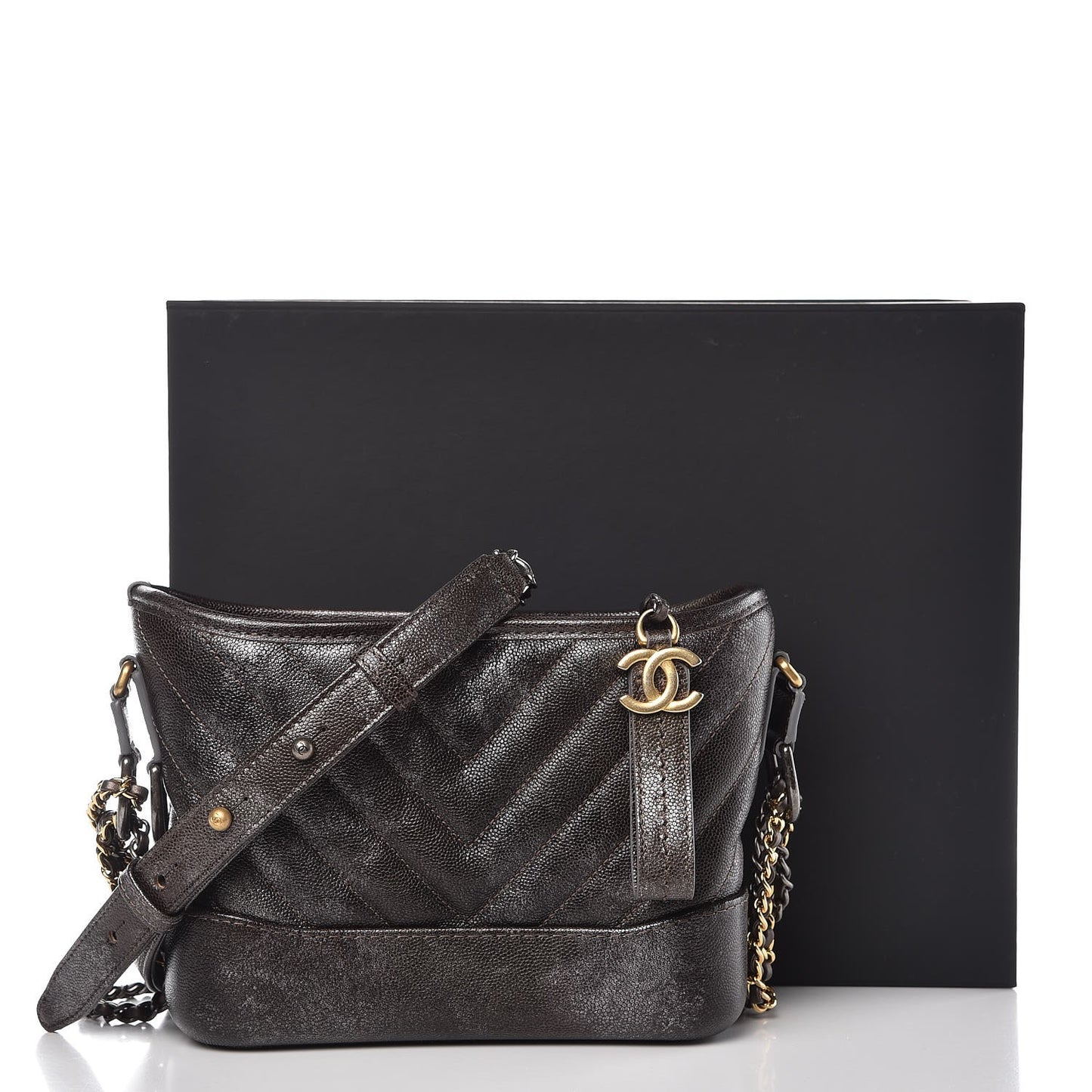 Metallic Grained Goatskin Chevron Quilted Small Gabrielle Hobo Dark Silver Gold