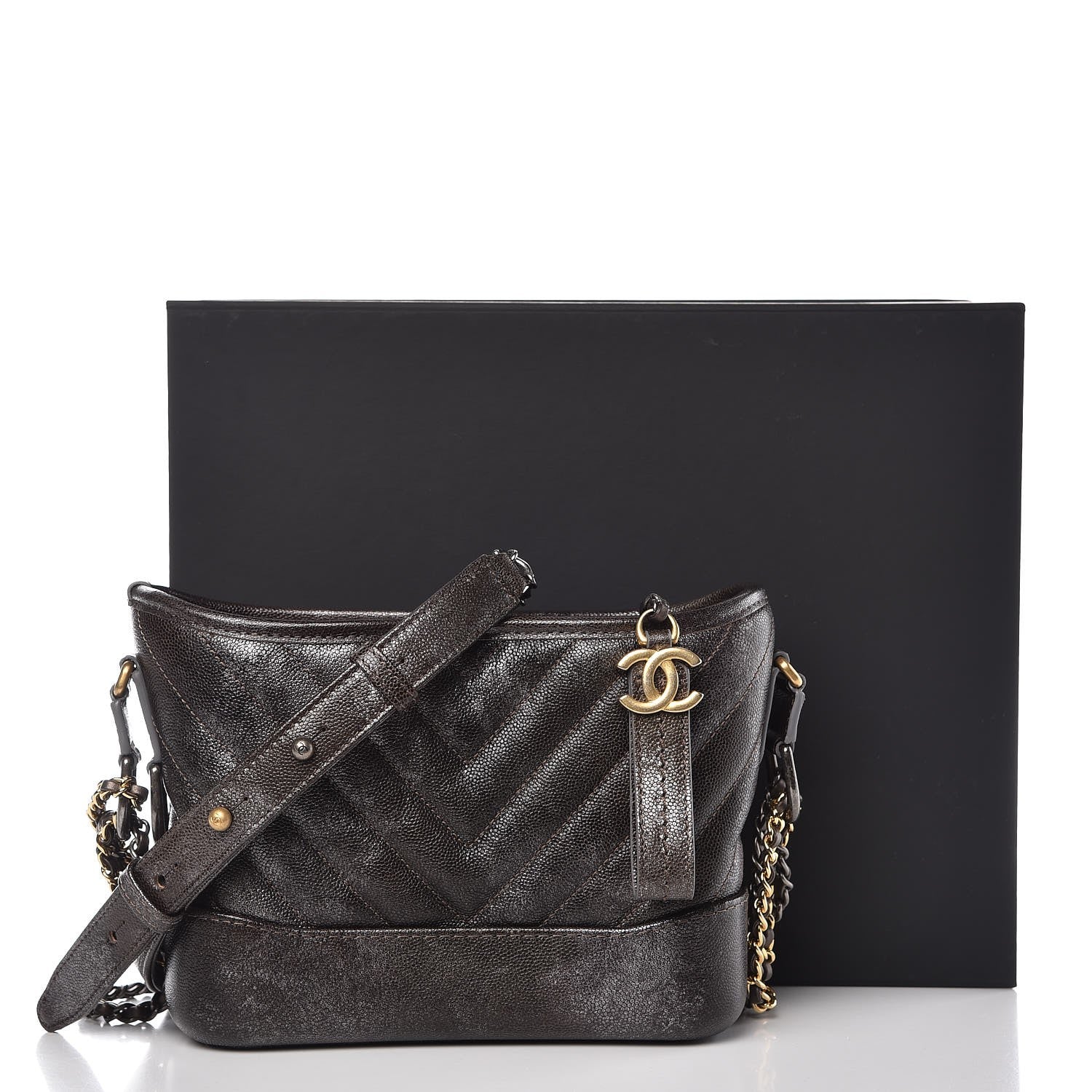 Chanel Metallic Grained Goatskin Chevron Quilted Small Gabrielle Hobo Dark Silver Gold 8 of 8