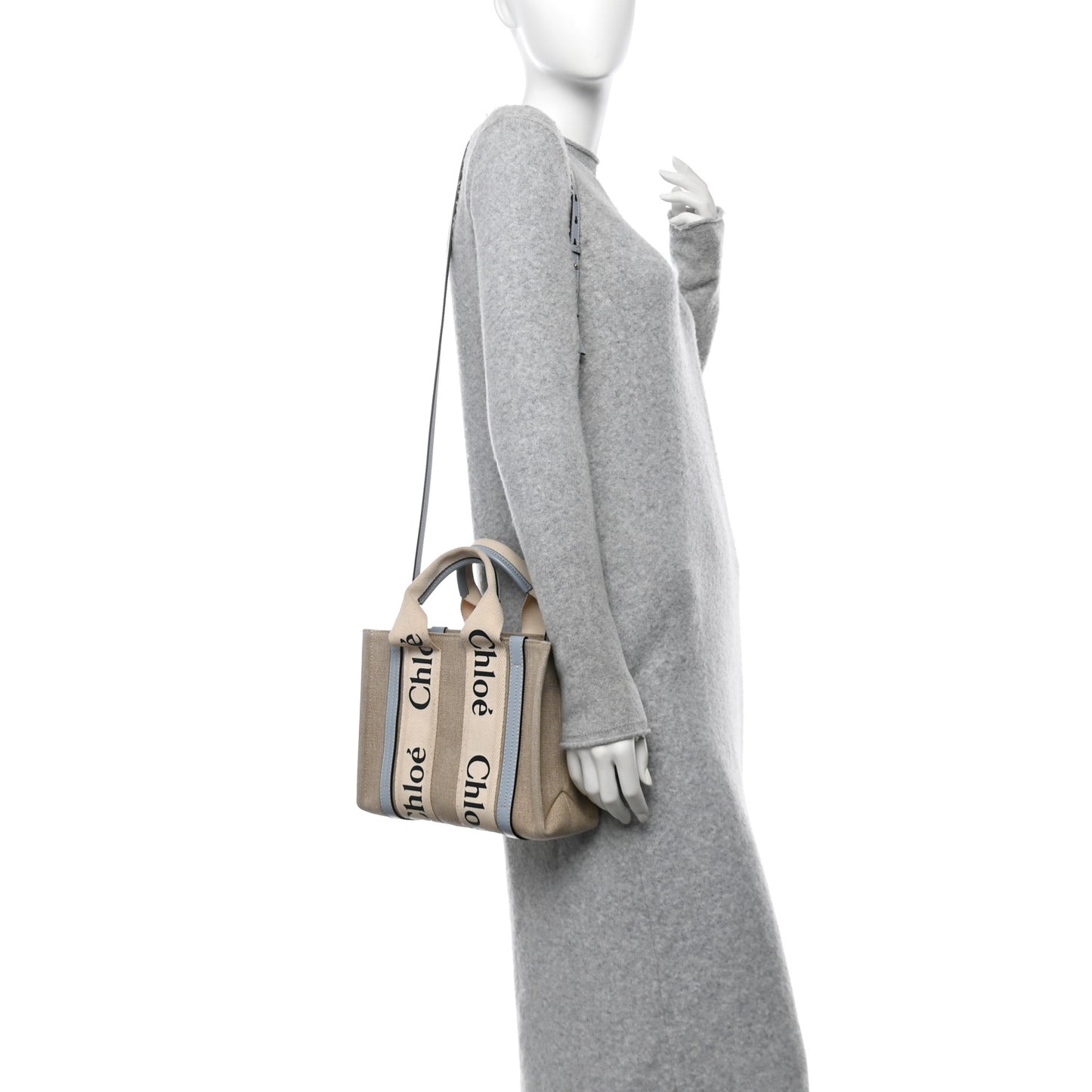 Cotton Calfskin Small Woody Ribbon Tote With Strap Light Blue