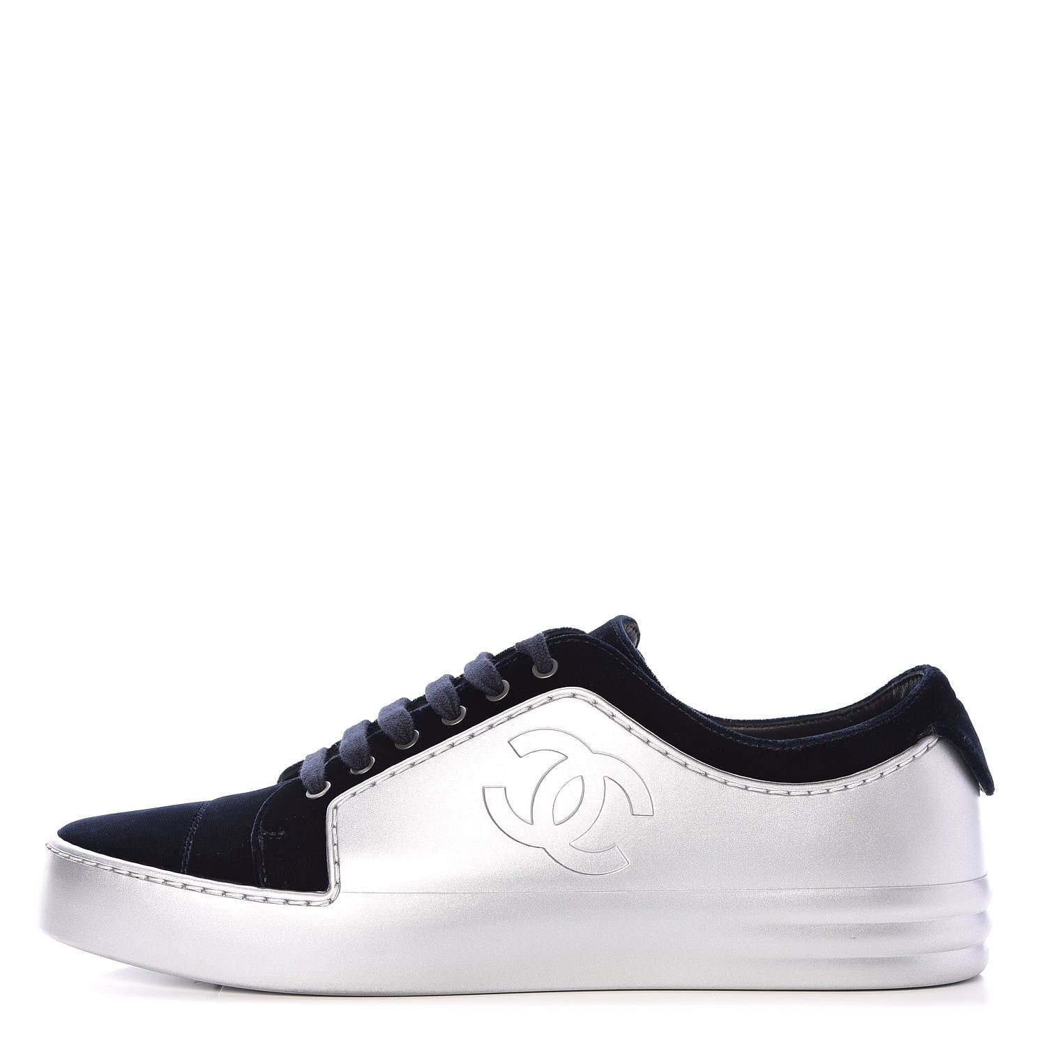 Chanel Calfskin Velvet Womens CC Sneakers 39 Navy 1 of 11