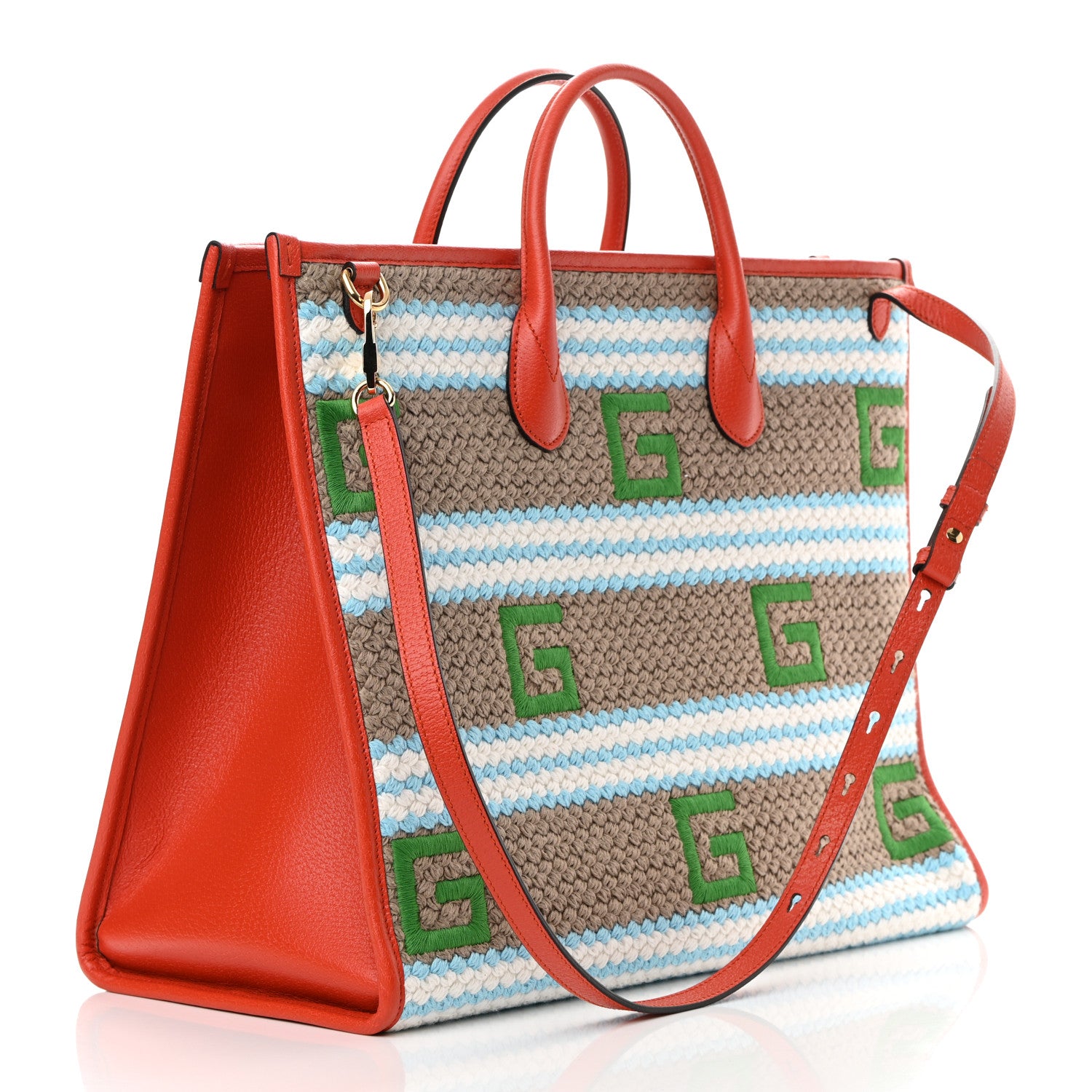 Gucci Fabric Embroidered Miami Striped Tote Bag Orange 3 of 11