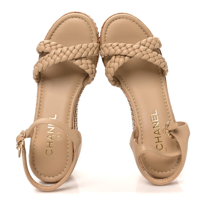 Chanel Lambskin Espadrille Braided Platform Sandals 38 Beige 3 of 9