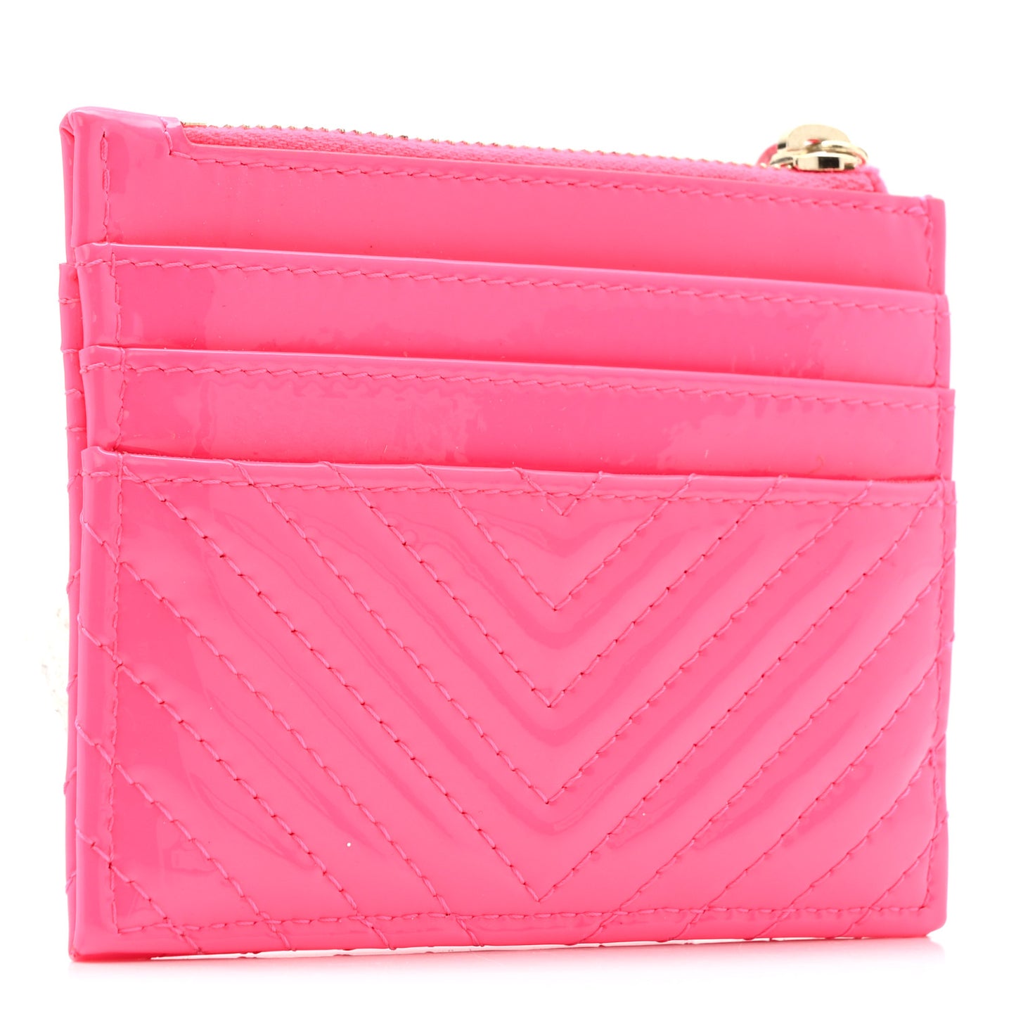 Patent Chevron Quilted Boy Zip Card Holder Neon Pink