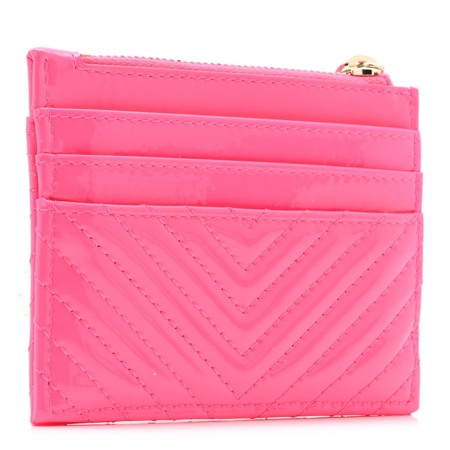 Chanel Patent Chevron Quilted Boy Zip Card Holder Neon Pink 3 of 9