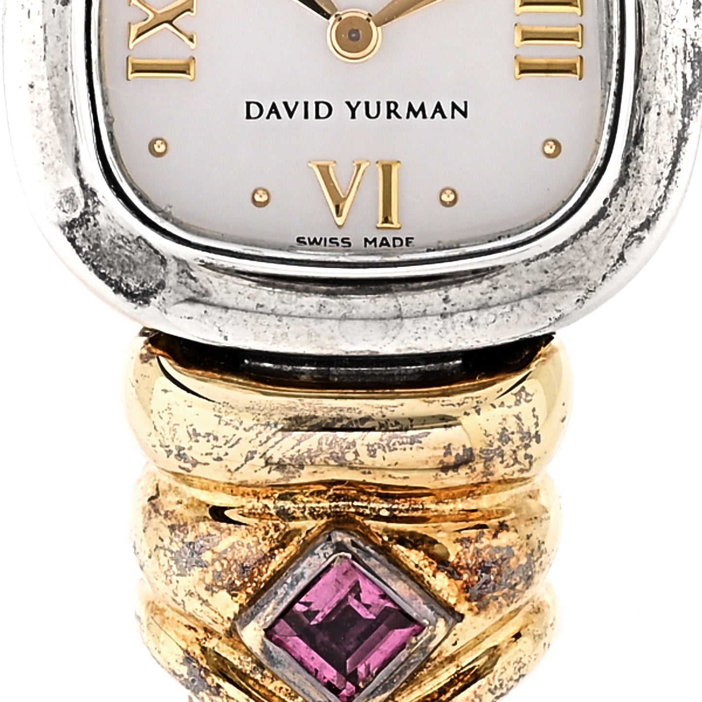 Sterling Silver 14K Yellow Gold Mother of Pearl Garnet 21mm Classic Cable Quartz Watch