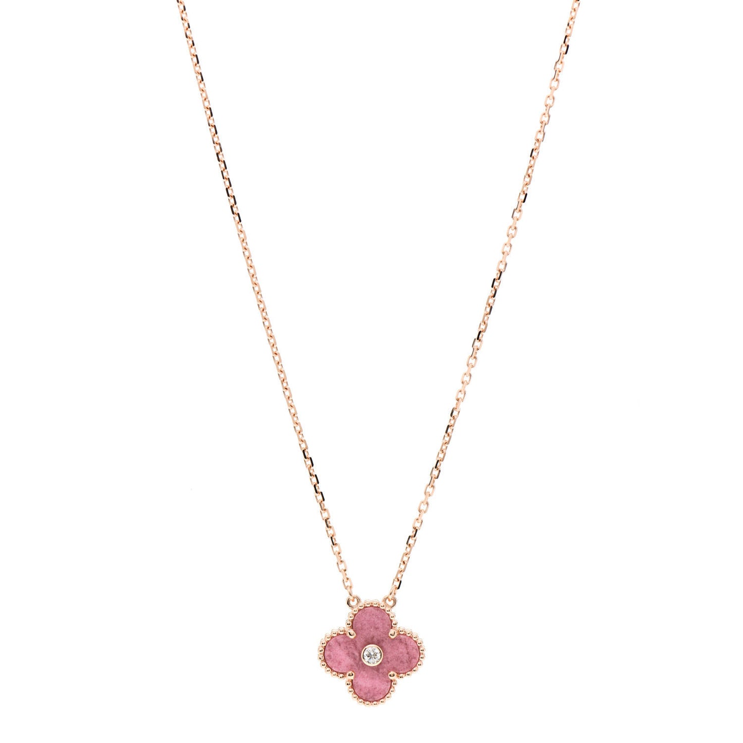 18K Rose Gold Diamond Rhodonite Vintage Alhambra Pendant Necklace