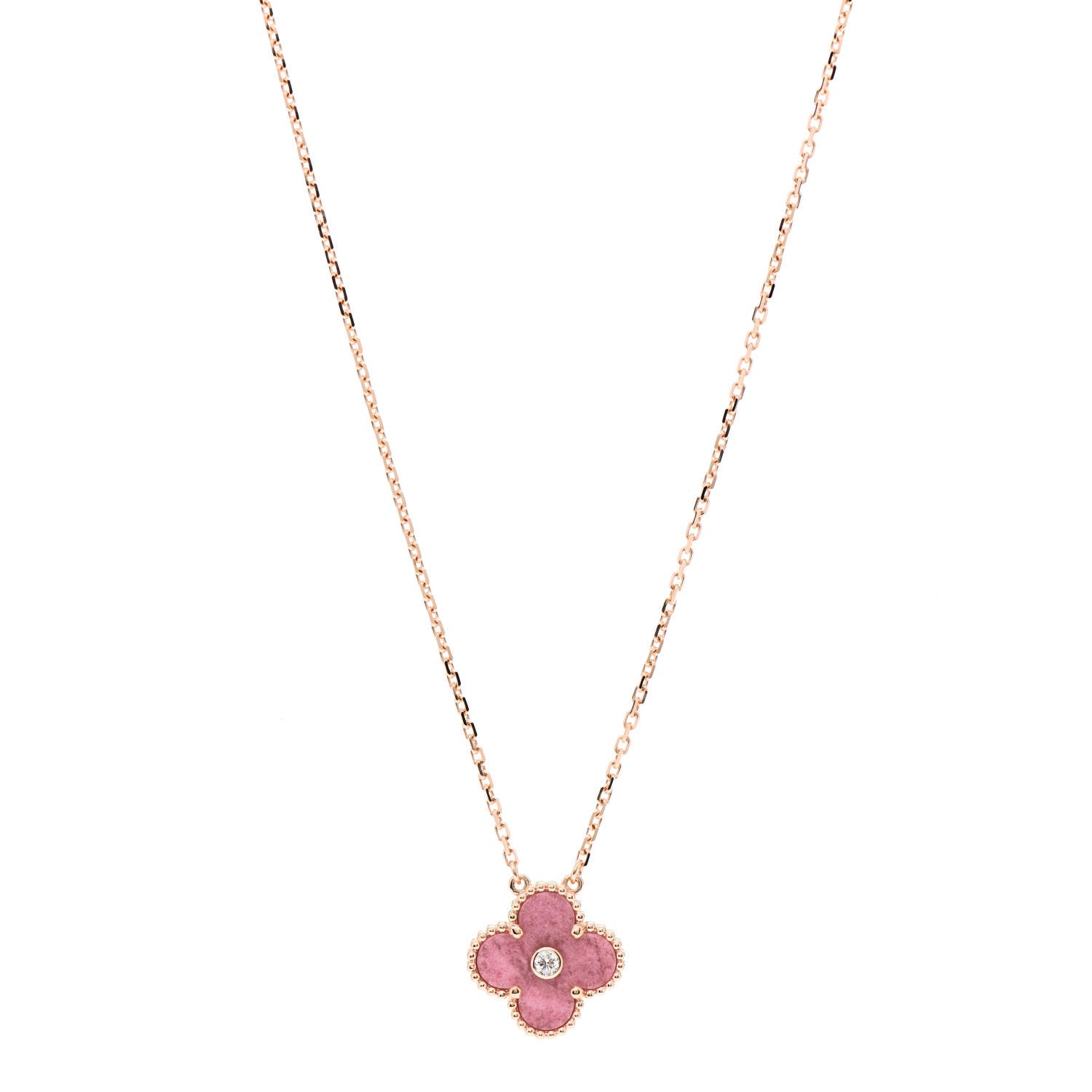 Van Cleef & Arpels 18K Rose Gold Diamond Rhodonite Vintage Alhambra Pendant Necklace 1 of 5