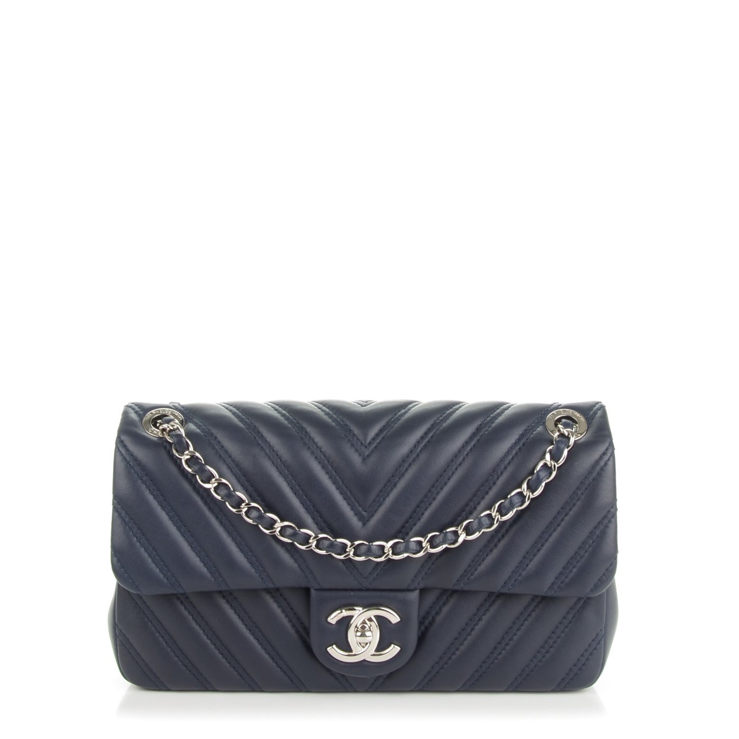 Lambskin Chevron Double Stitch Medium Single Flap Navy