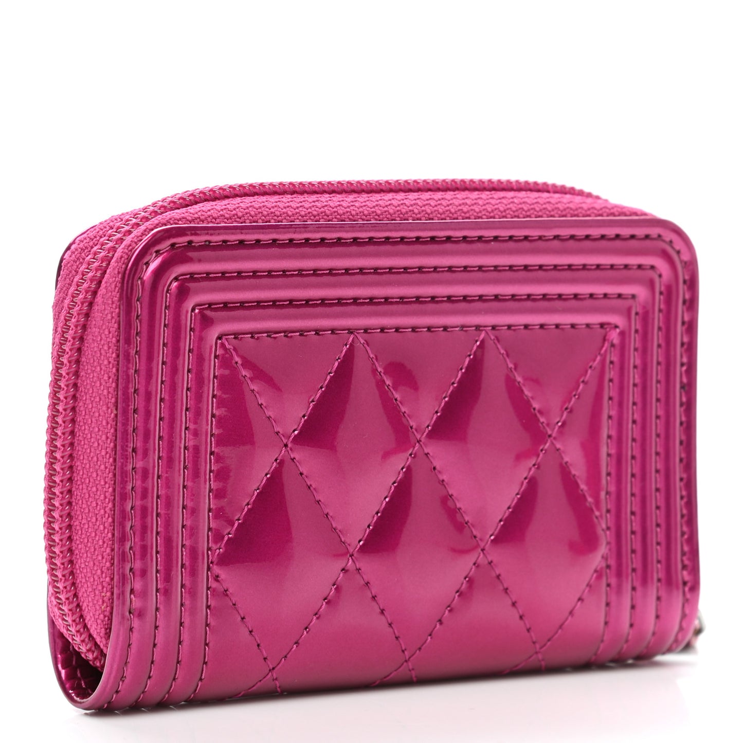 Metallic Patent Quilted Zip Around Boy Coin Purse Wallet Fuchsia