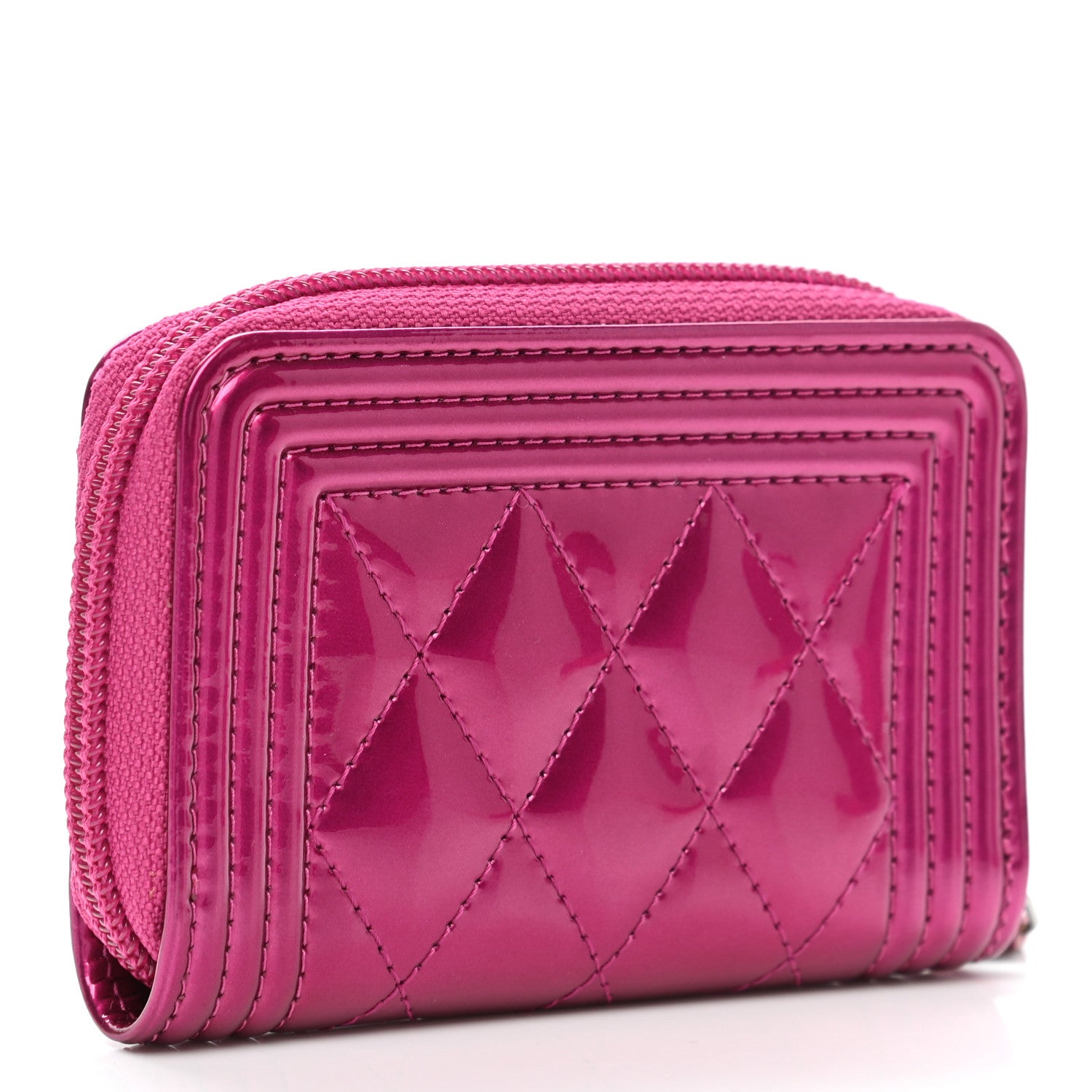 Chanel Metallic Patent Quilted Zip Around Boy Coin Purse Wallet Fuchsia 3 of 7