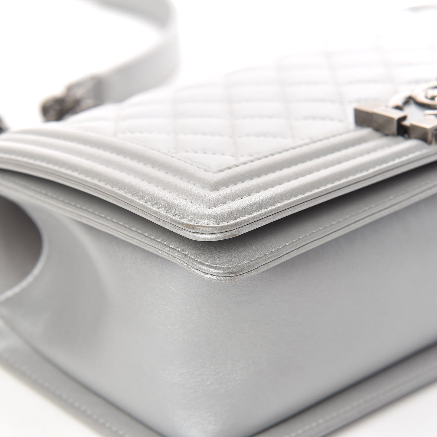 Metallic Calfskin Quilted Medium Boy Flap Silver