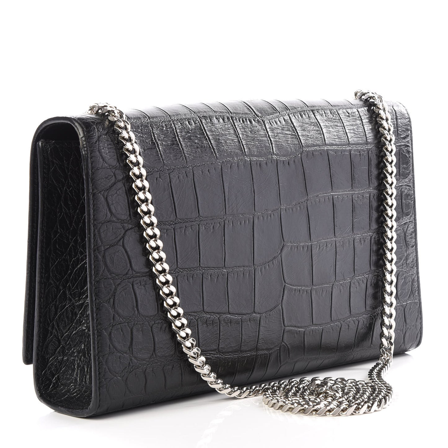 Calfskin Crocodile Embossed Medium Classic Monogram Kate Tassel Satchel Black