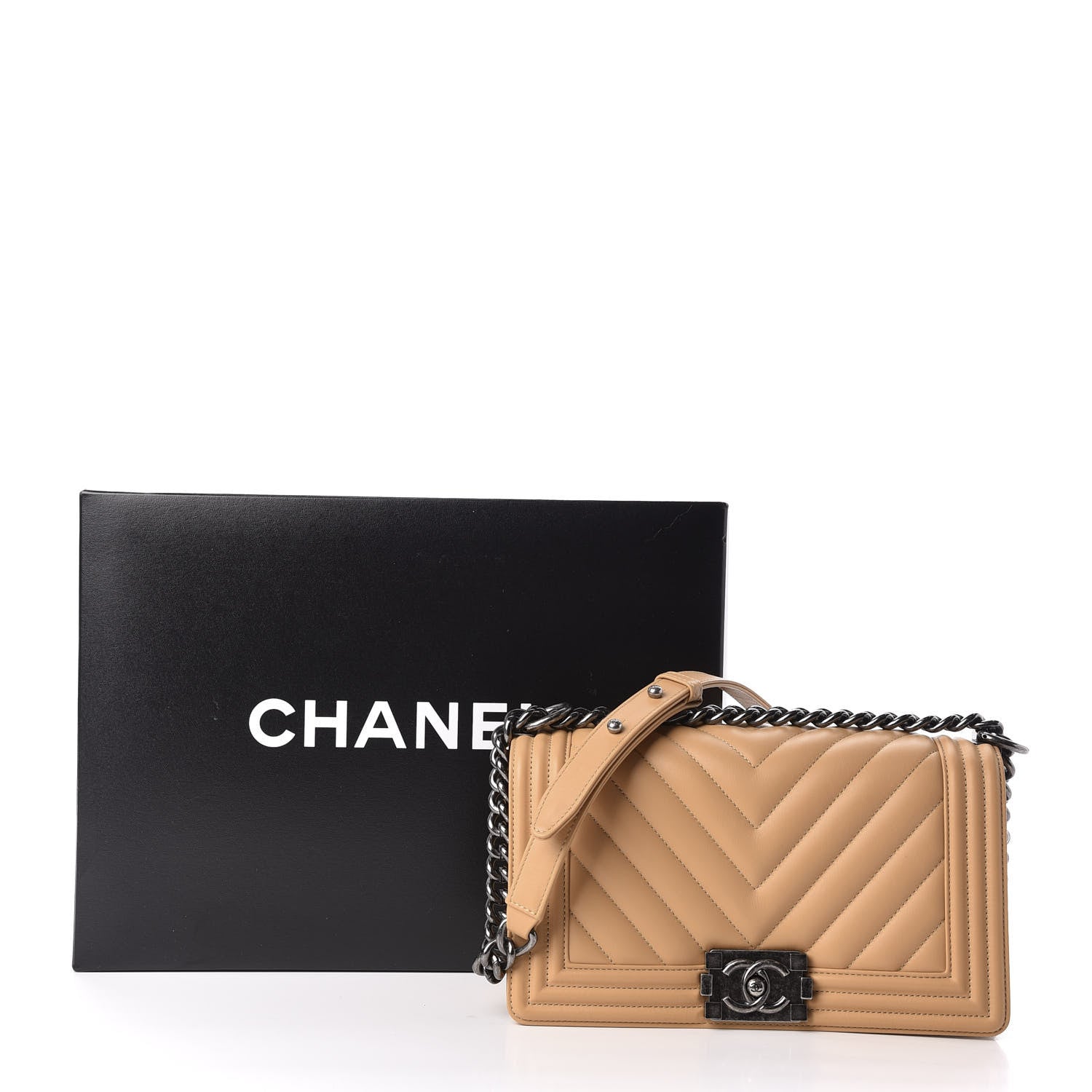 Chanel Lambskin Chevron Quilted Medium Boy Flap Beige 11 of 11