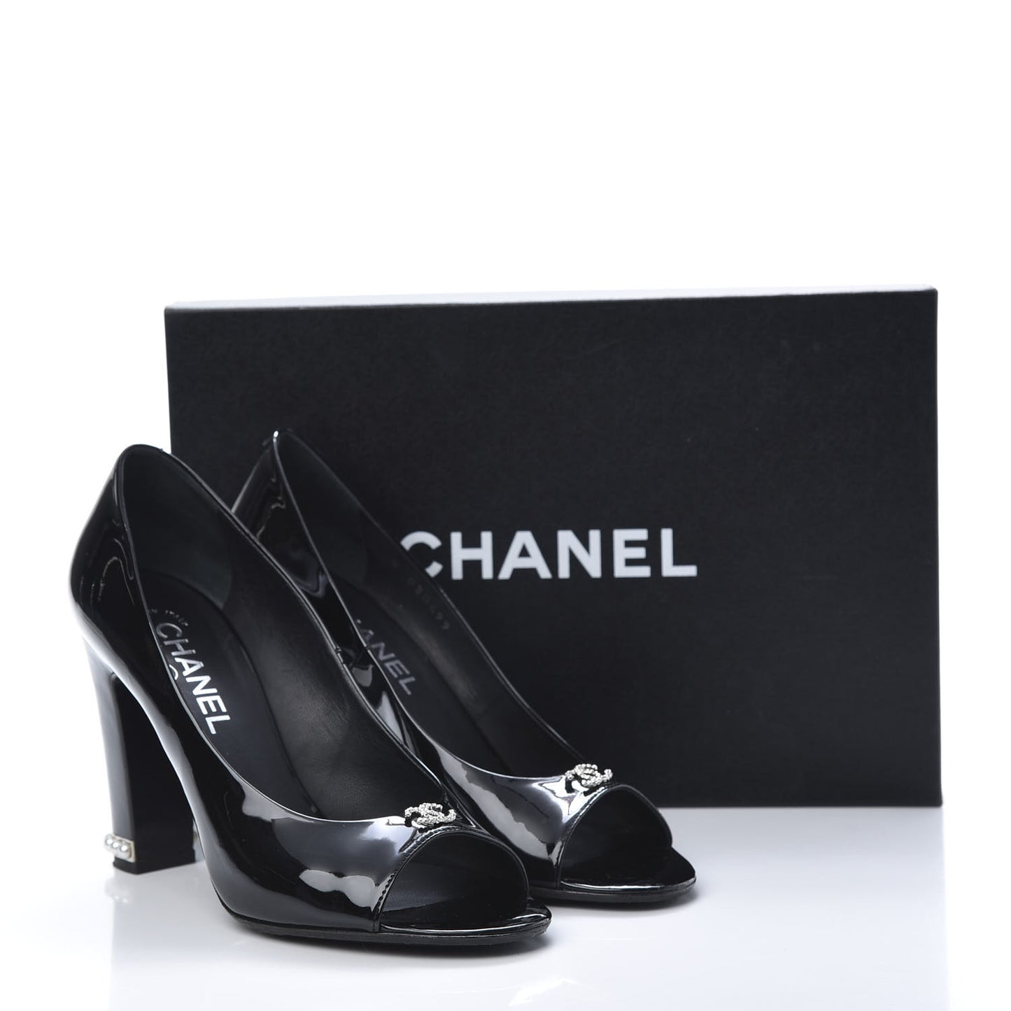 Patent Calfskin Pearl CC Open Toe Pumps 39 Black