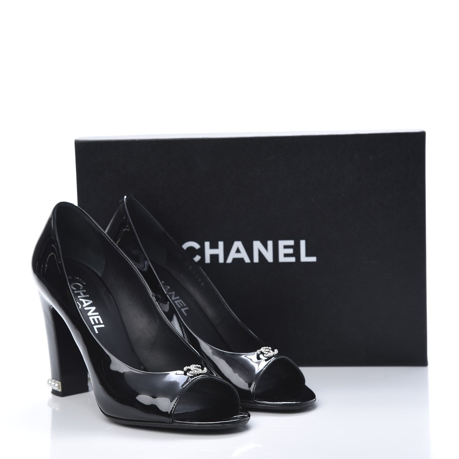 Chanel Patent Calfskin Pearl CC Open Toe Pumps 39 Black 9 of 9